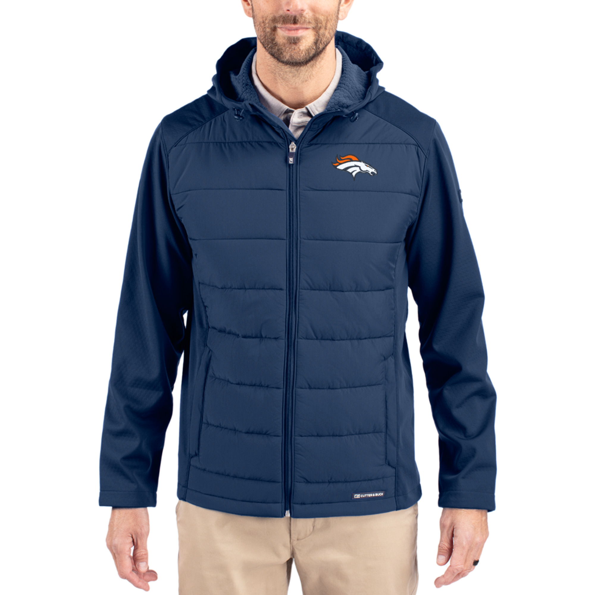 Men's Cutter & Buck Navy Denver Broncos  Evoke PrimaLoft Hybrid Eco Softshell Recycled Full-Zip Hooded Jacket