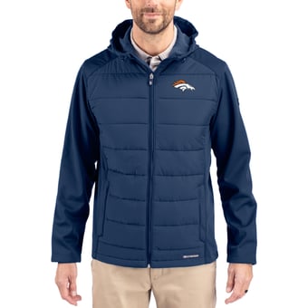 Men's Cutter & Buck Navy Denver Broncos  Evoke PrimaLoft Hybrid Eco Softshell Recycled Full-Zip Hooded Jacket