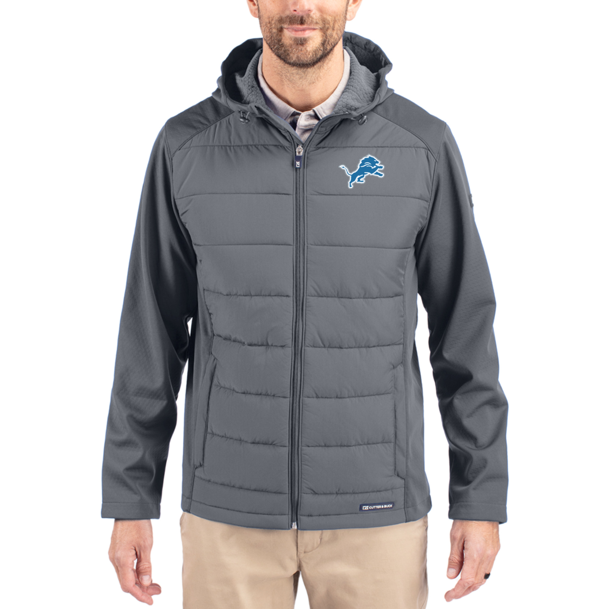 Men's Cutter & Buck Gray Detroit Lions Evoke PrimaLoft Hybrid Eco Softshell Recycled Full-Zip Hooded Jacket