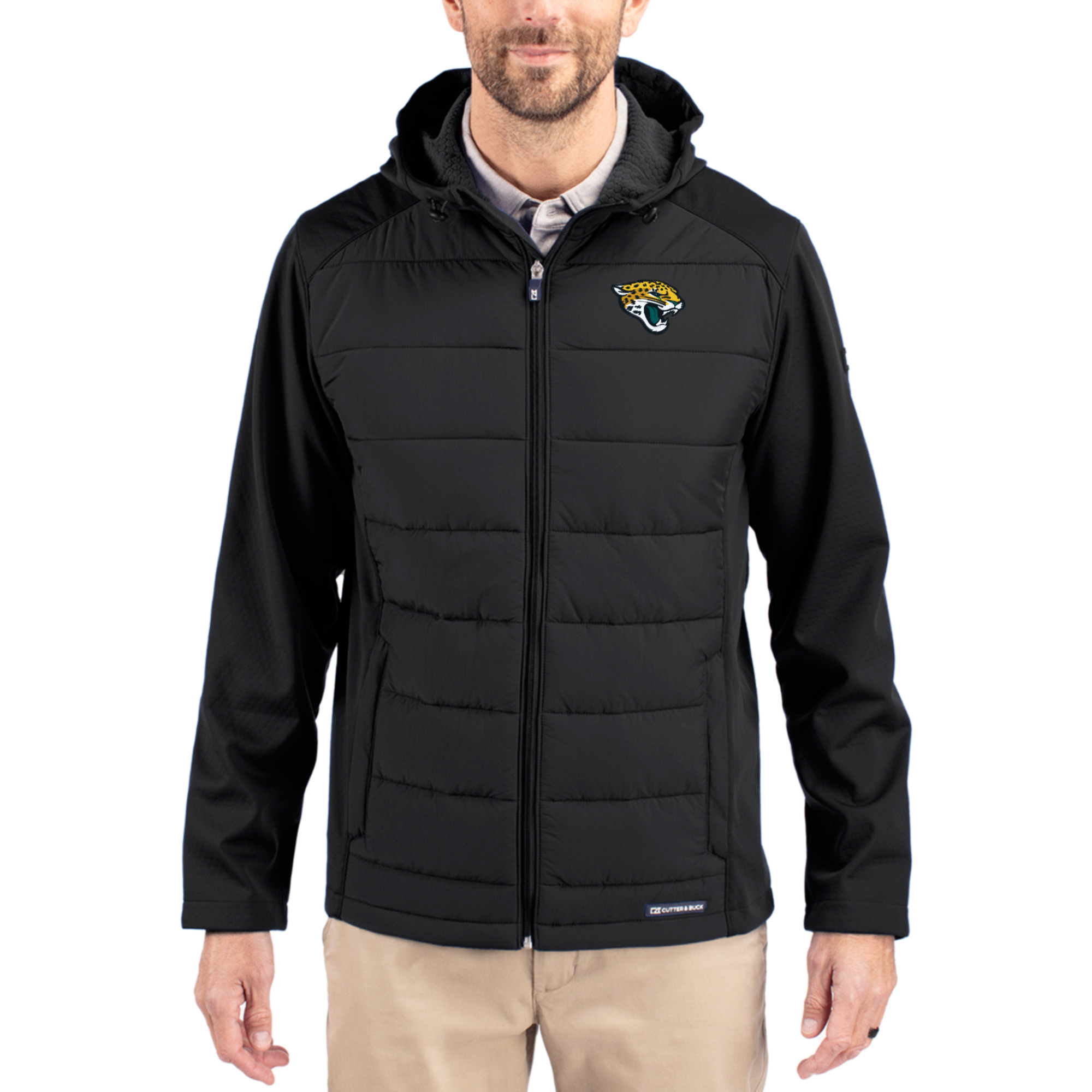 Men's Cutter & Buck Black Jacksonville Jaguars  Evoke PrimaLoft Hybrid Eco Softshell Recycled Full-Zip Hooded Jacket
