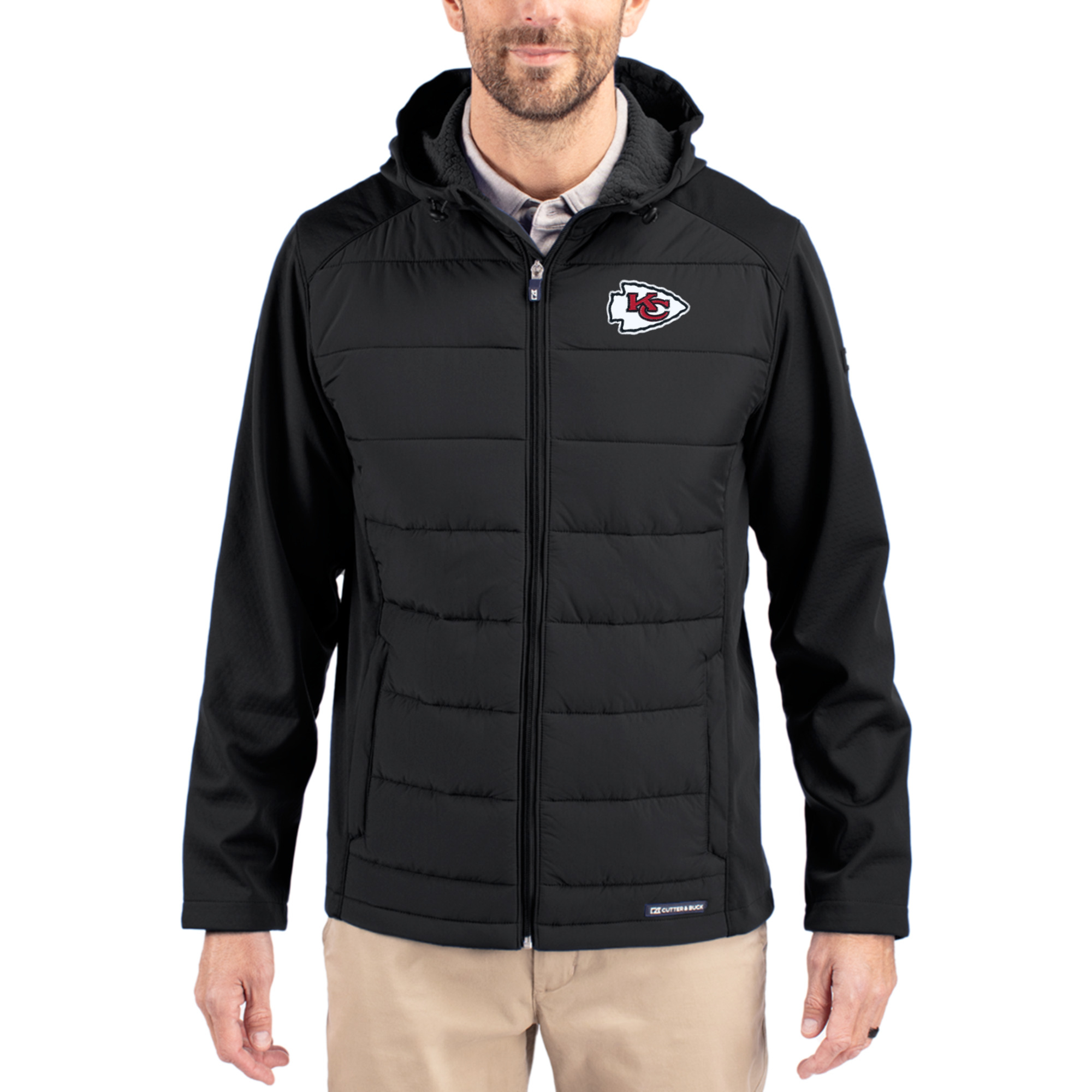 Men's Cutter & Buck Black Kansas City Chiefs  Evoke PrimaLoft Hybrid Eco Softshell Recycled Full-Zip Hooded Jacket