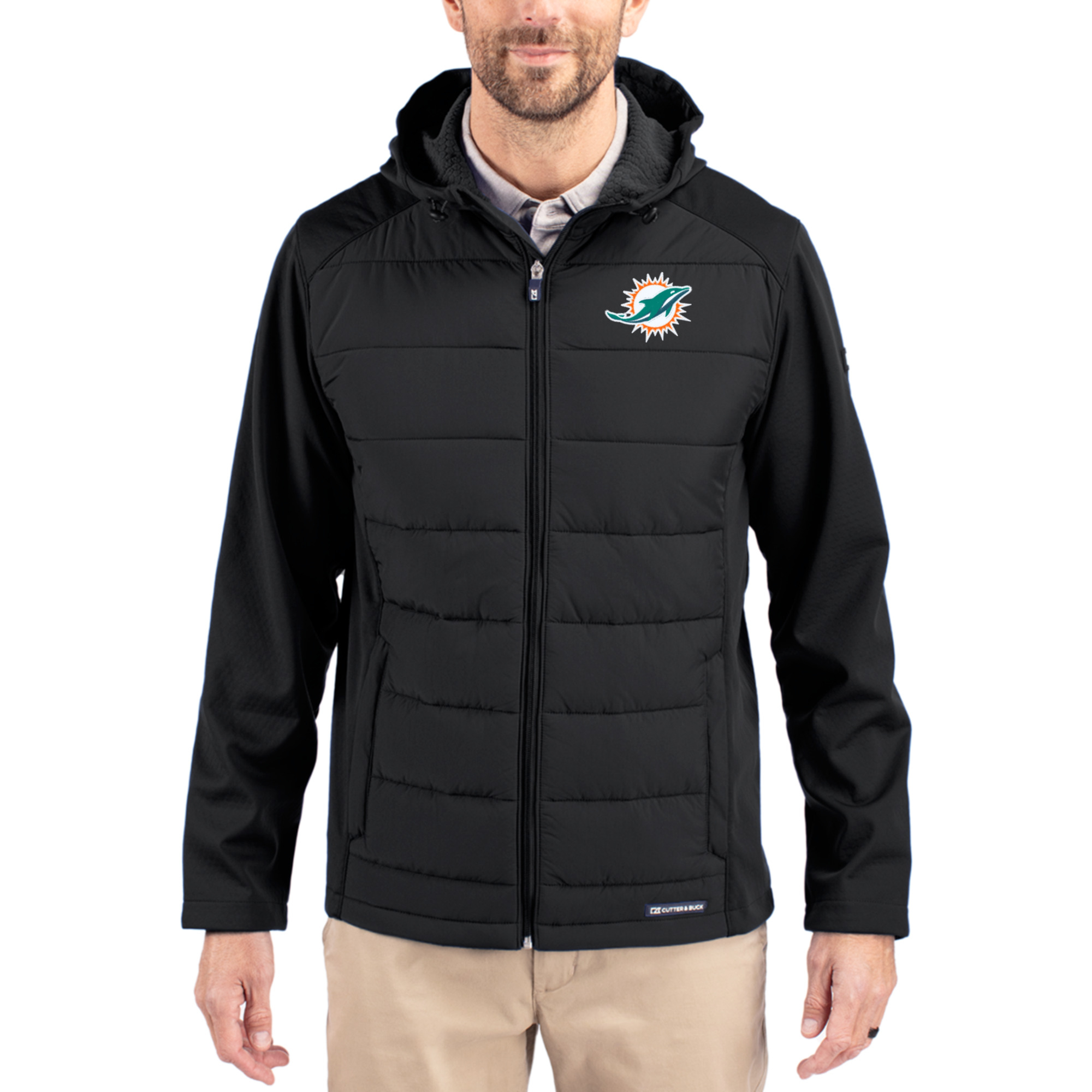 Men’s Cutter & Buck Black Miami Dolphins Evoke PrimaLoft Hybrid Eco Softshell Recycled Full-Zip Hooded Jacket Men’s Cutter & Buck Black Miami Dolphins Evoke PrimaLoft Hybrid Eco Softshell Recycled Full-Zip Hooded Jacket