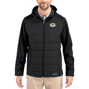 Men's Cutter & Buck Black Green Bay Packers  Evoke PrimaLoft Hybrid Eco Softshell Recycled Full-Zip Hooded Jacket