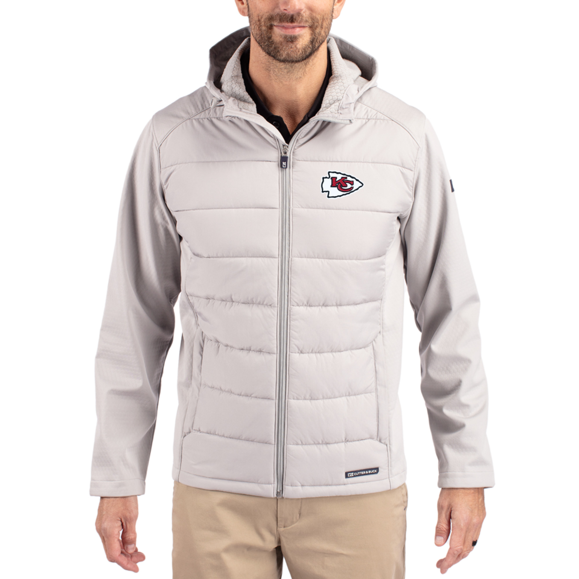 Men's Cutter & Buck Gray Kansas City Chiefs  Evoke PrimaLoft Hybrid Eco Softshell Recycled Full-Zip Hooded Jacket