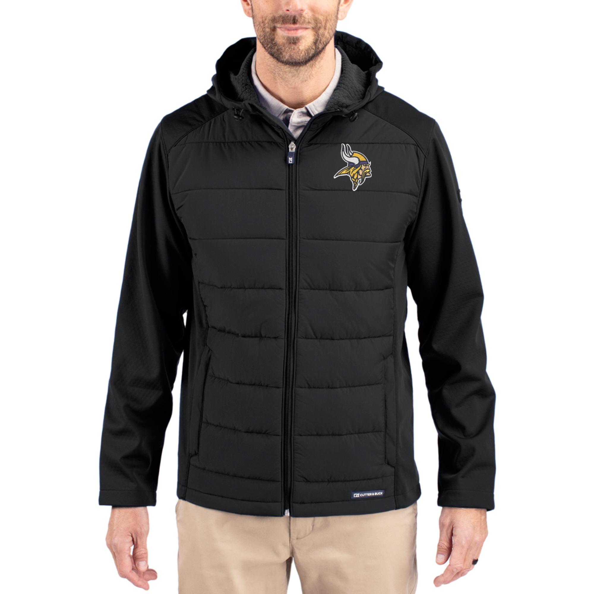 Men's Cutter & Buck Black Minnesota Vikings Evoke PrimaLoft Hybrid Eco Softshell Recycled Full-Zip Hooded Jacket