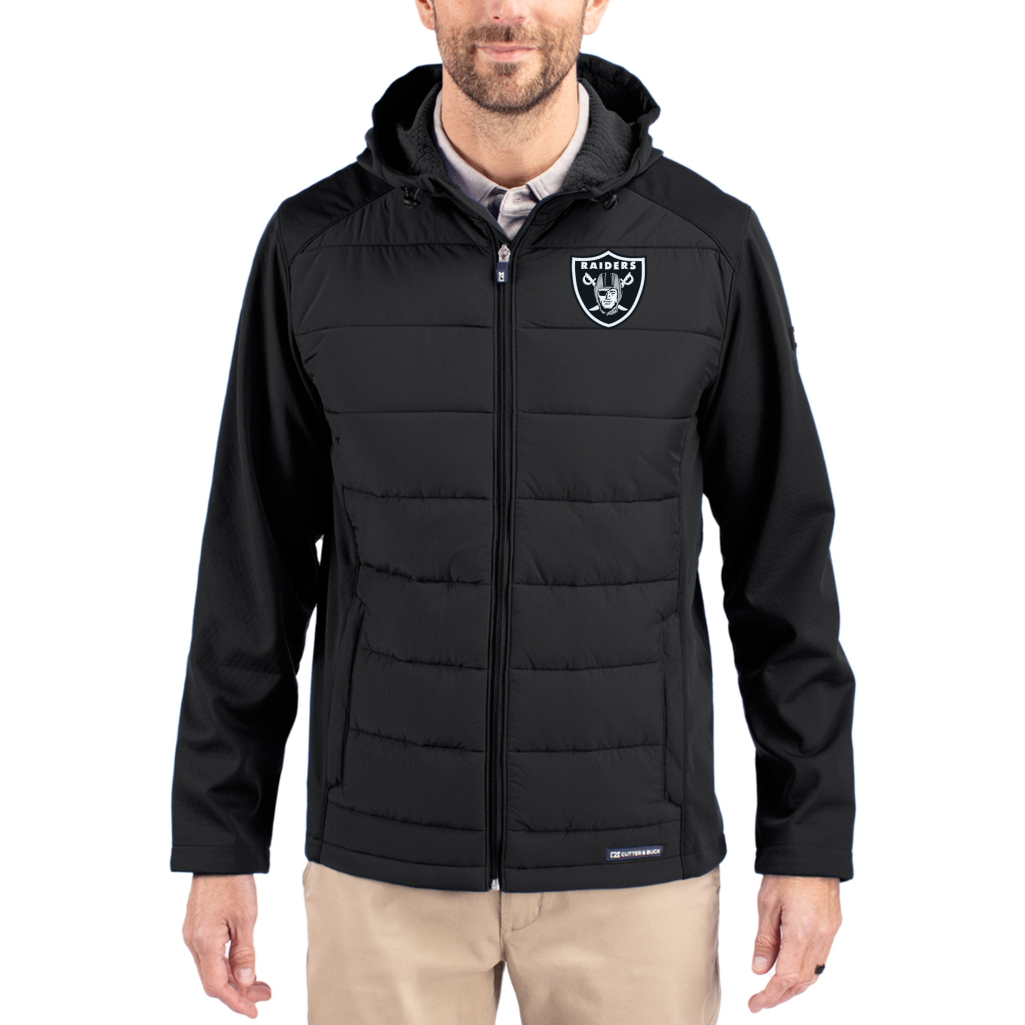 Men's Cutter & Buck Black Las Vegas Raiders  Evoke PrimaLoft Hybrid Eco Softshell Recycled Full-Zip Hooded Jacket