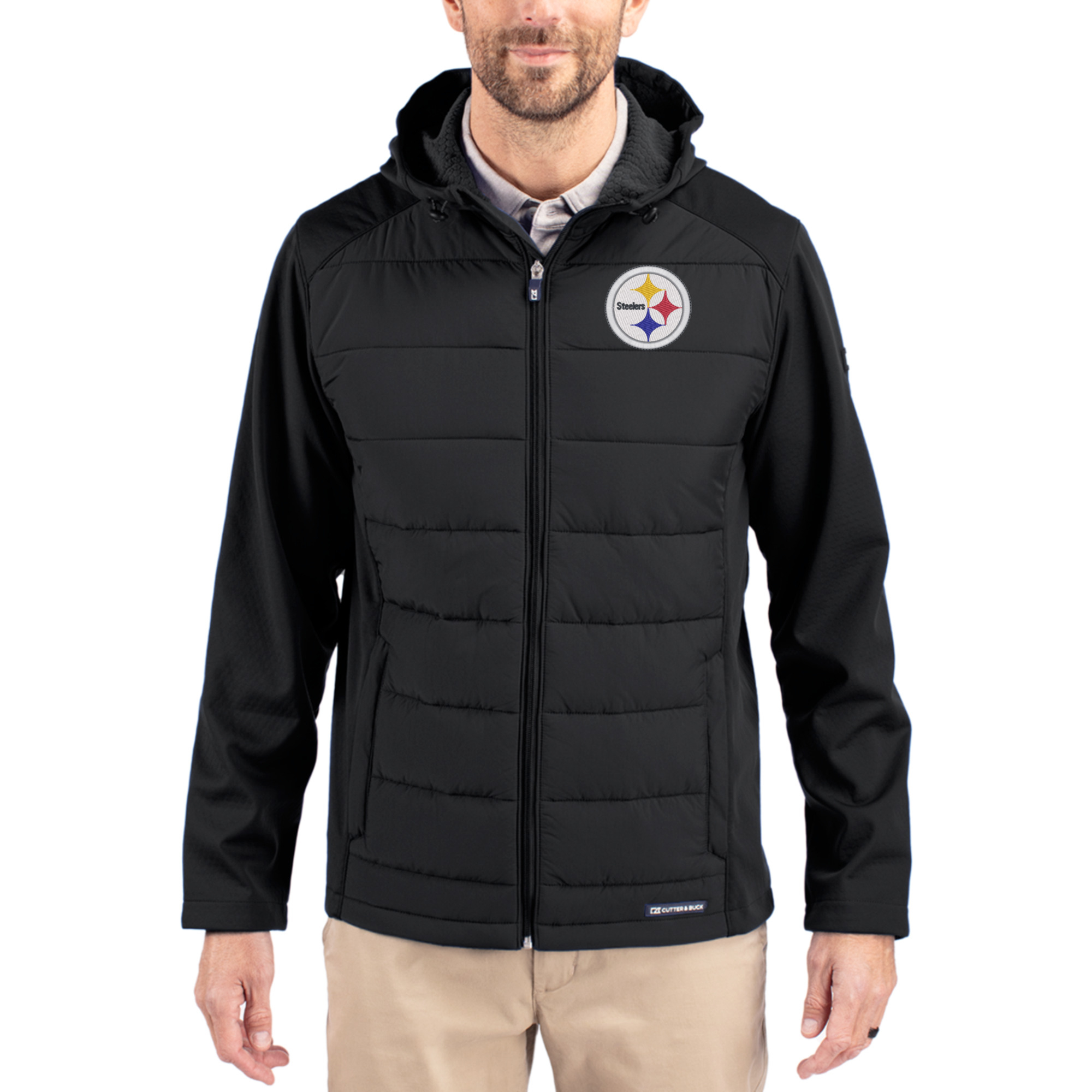 Men's Cutter & Buck Black Pittsburgh Steelers  Evoke PrimaLoft Hybrid Eco Softshell Recycled Full-Zip Hooded Jacket
