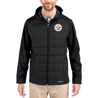 Men's Cutter & Buck Black Pittsburgh Steelers  Evoke PrimaLoft Hybrid Eco Softshell Recycled Full-Zip Hooded Jacket