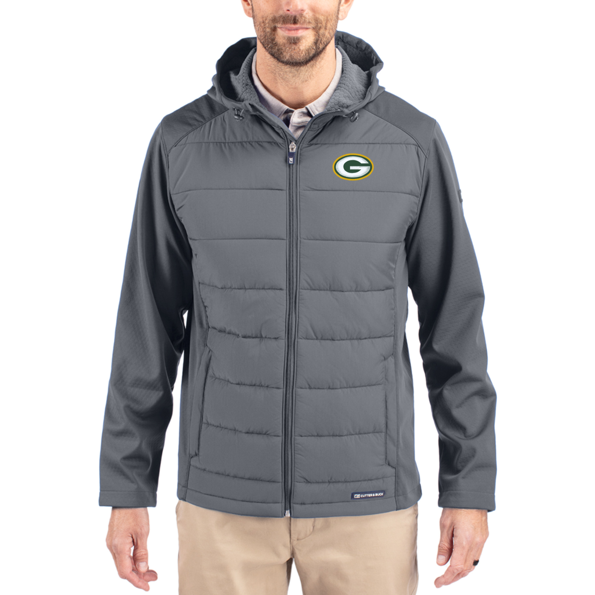 Men's Cutter & Buck Gray Green Bay Packers  Evoke PrimaLoft Hybrid Eco Softshell Recycled Full-Zip Hooded Jacket