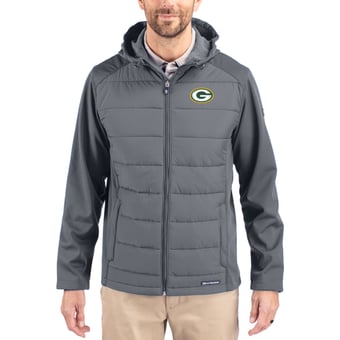 Men's Cutter & Buck Gray Green Bay Packers  Evoke PrimaLoft Hybrid Eco Softshell Recycled Full-Zip Hooded Jacket