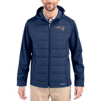 Men's Cutter & Buck Navy New England Patriots  Evoke PrimaLoft Hybrid Eco Softshell Recycled Full-Zip Hooded Jacket