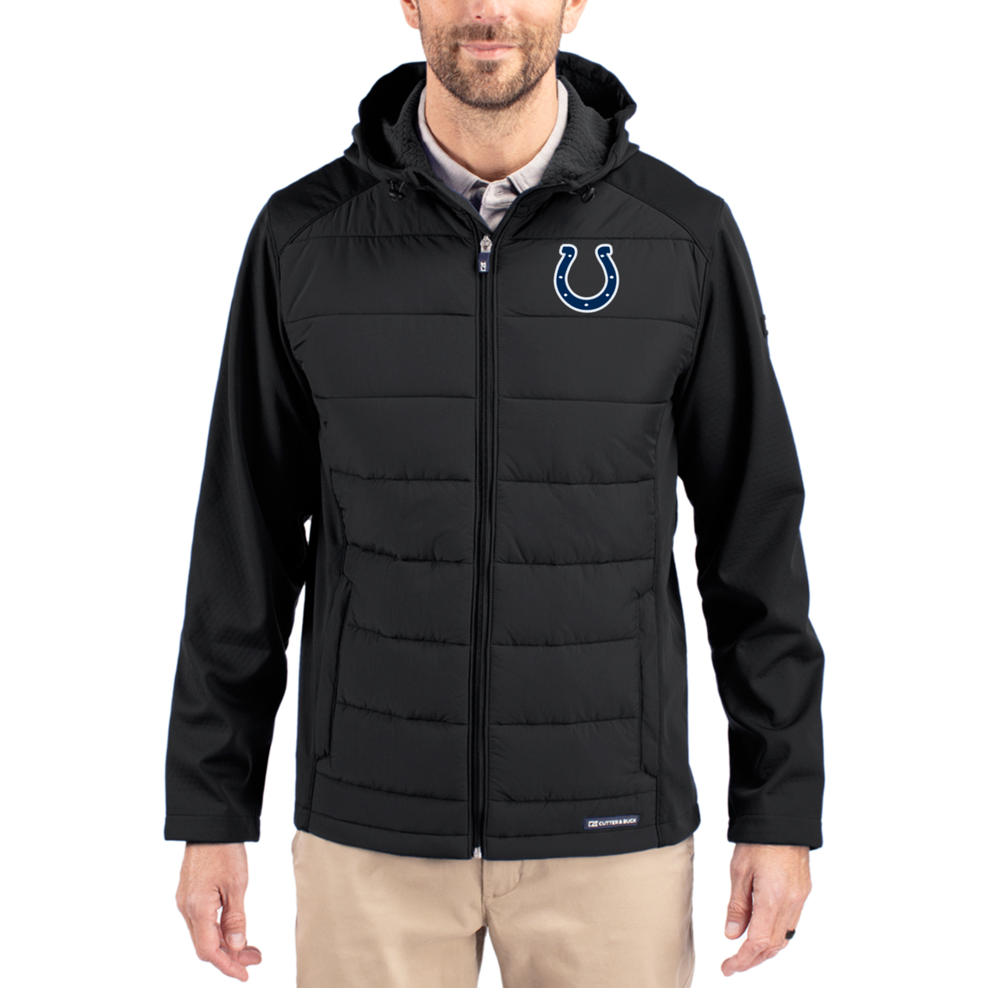 Men's Cutter & Buck Black Indianapolis Colts  Evoke PrimaLoft Hybrid Eco Softshell Recycled Full-Zip Hooded Jacket