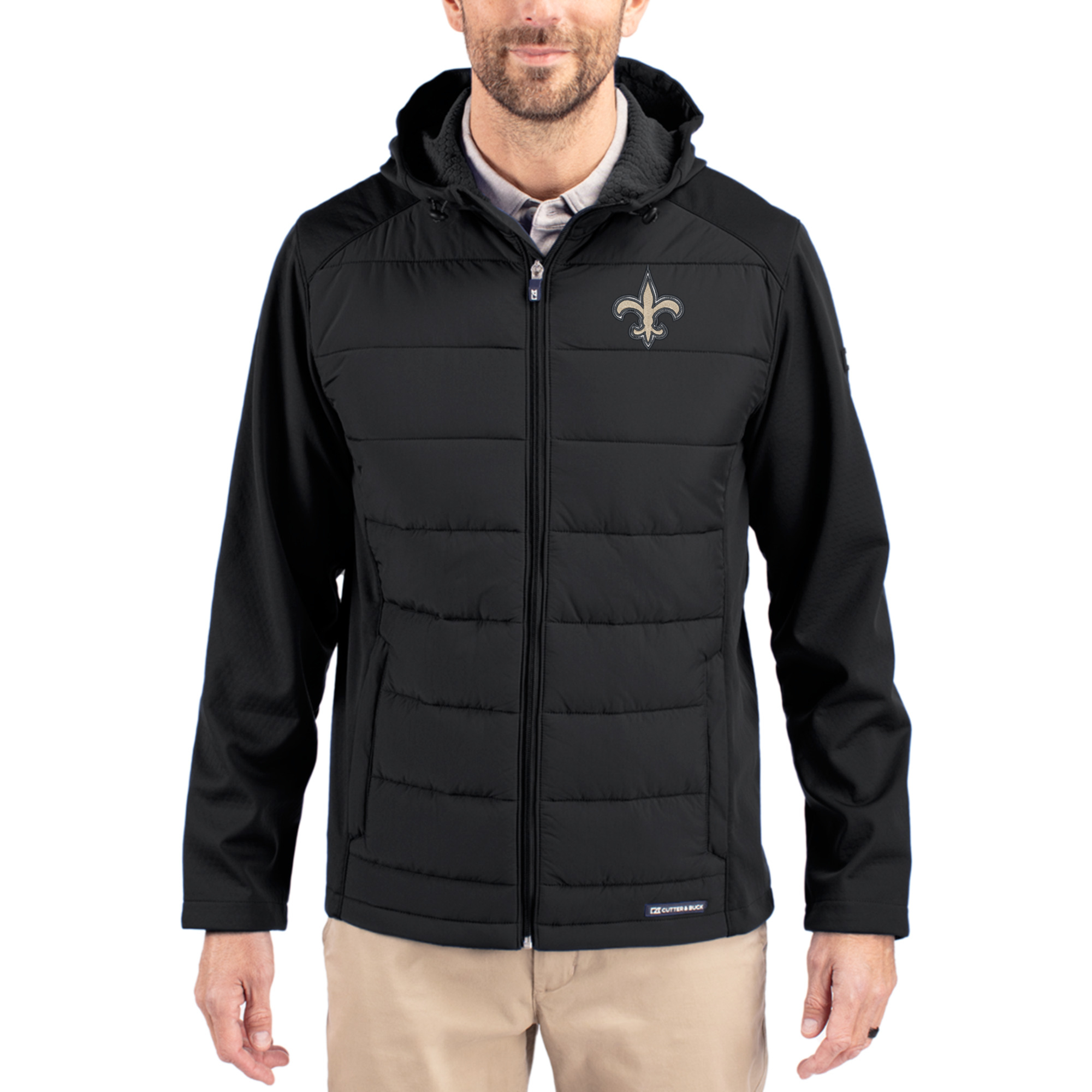 Men's Cutter & Buck Black New Orleans Saints Evoke PrimaLoft Hybrid Eco Softshell Recycled Full-Zip Hooded Jacket