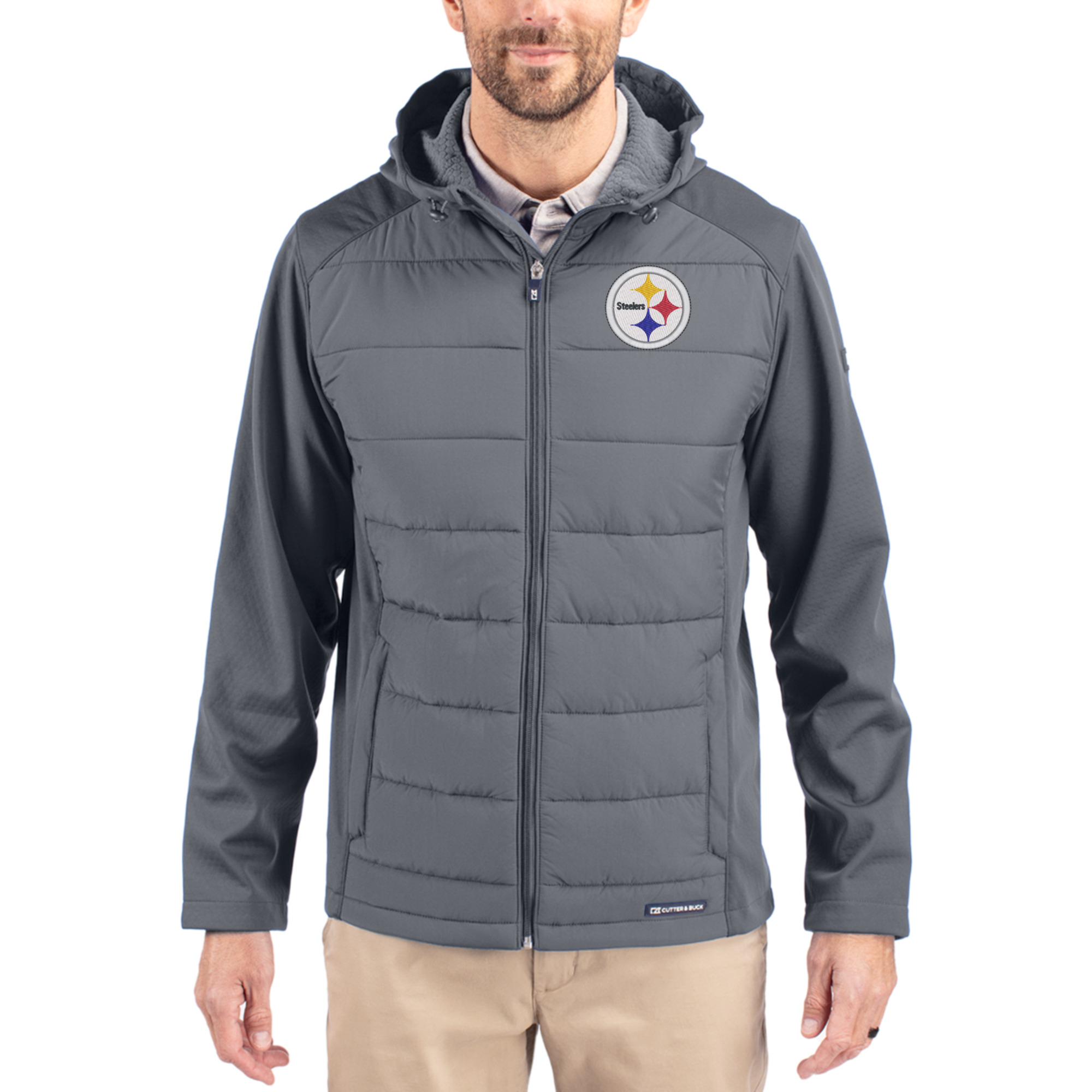 Men's Cutter & Buck Gray Pittsburgh Steelers Evoke PrimaLoft Hybrid Eco Softshell Recycled Full-Zip Hooded Jacket