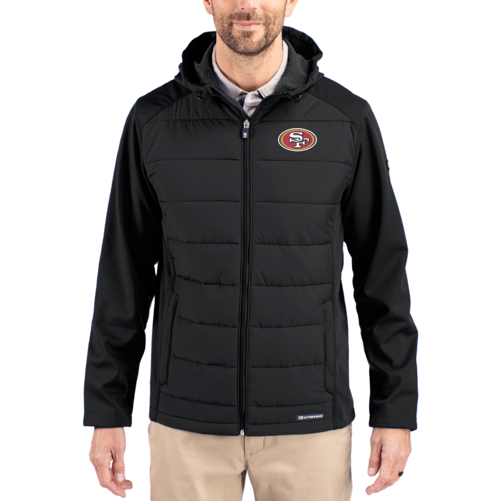 Men's Cutter & Buck Black San Francisco 49ers  Evoke PrimaLoft Hybrid Eco Softshell Recycled Full-Zip Hooded Jacket