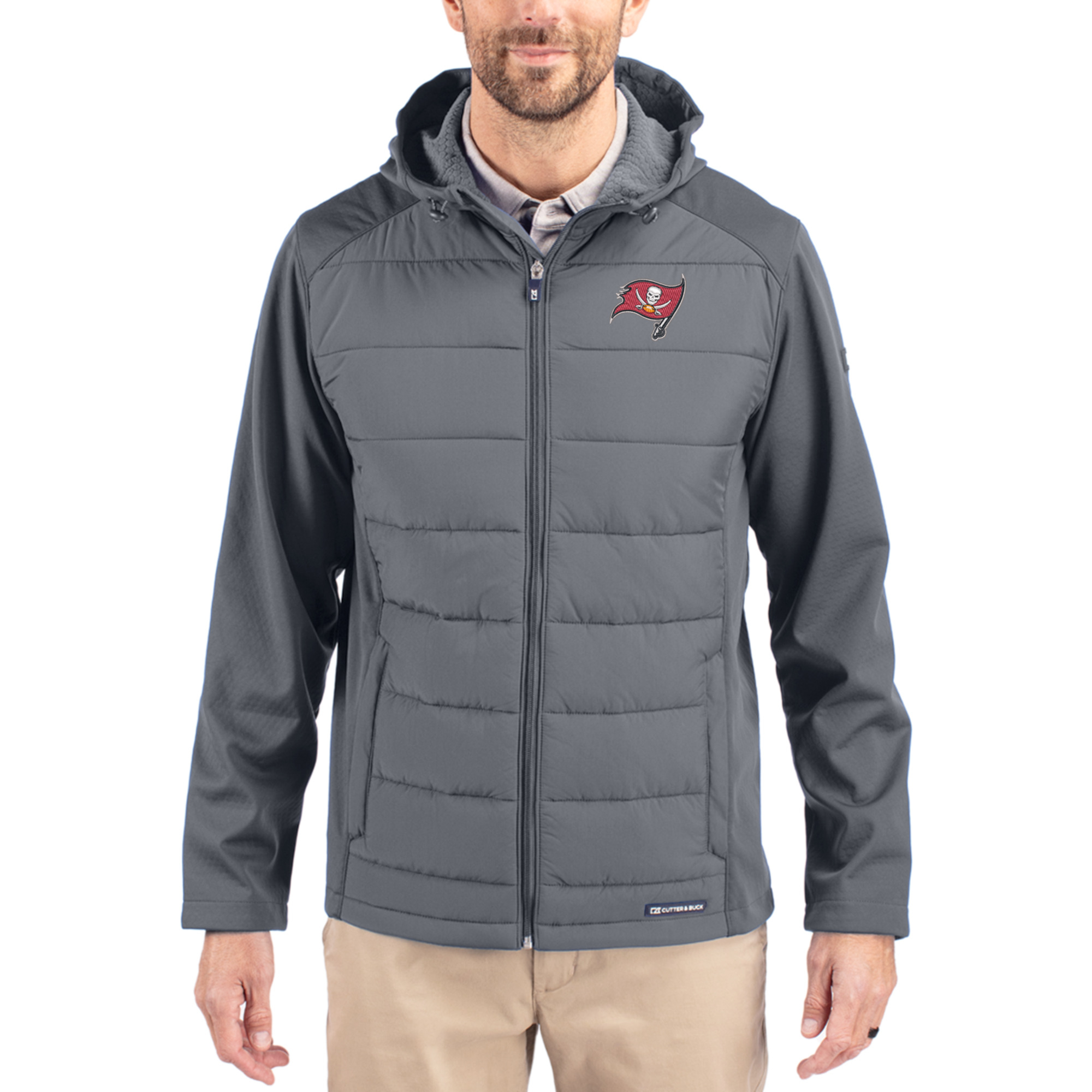 Men's Cutter & Buck Gray Tampa Bay Buccaneers Evoke PrimaLoft Hybrid Eco Softshell Recycled Full-Zip Hooded Jacket