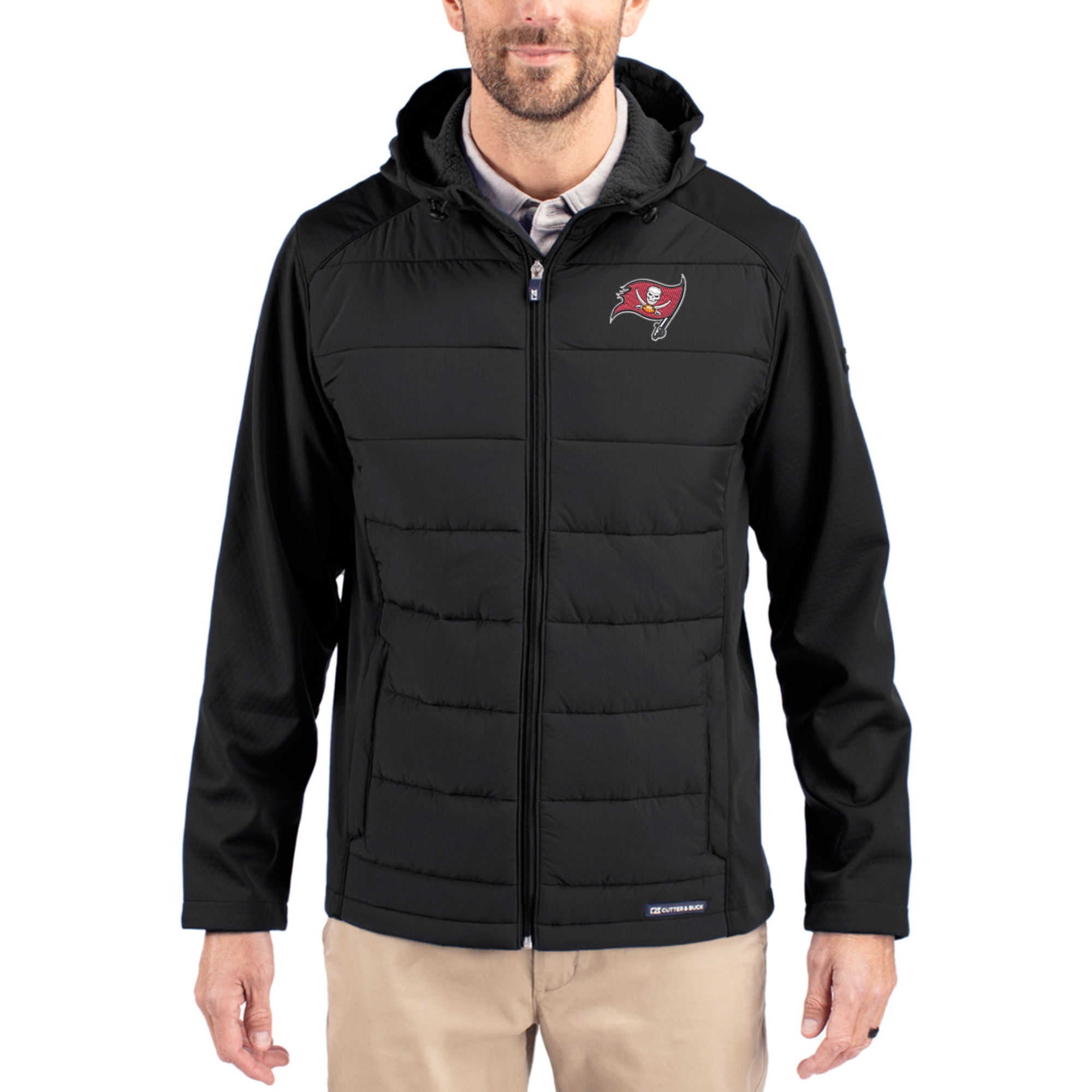 Men's Cutter & Buck Black Tampa Bay Buccaneers Evoke PrimaLoft Hybrid Eco Softshell Recycled Full-Zip Hooded Jacket