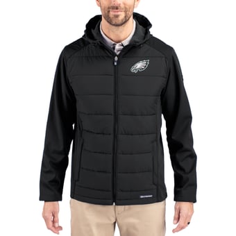 Men's Cutter & Buck Black Philadelphia Eagles  Evoke PrimaLoft Hybrid Eco Softshell Recycled Full-Zip Hooded Jacket