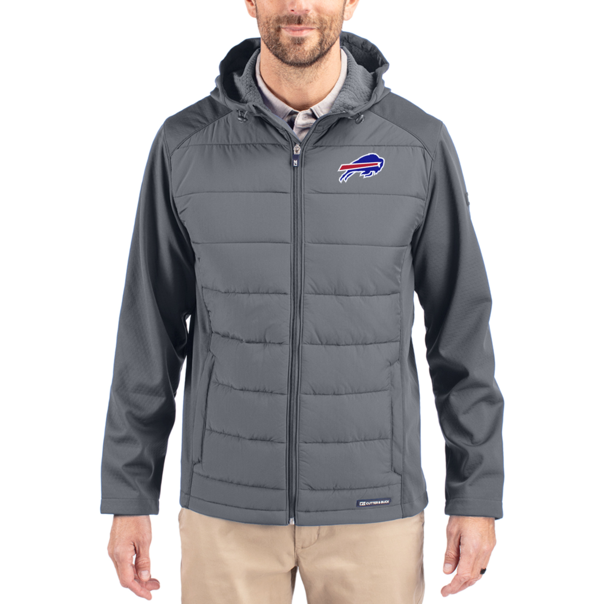 Men's Cutter & Buck Gray Buffalo Bills  Evoke PrimaLoft Hybrid Eco Softshell Recycled Full-Zip Hooded Jacket