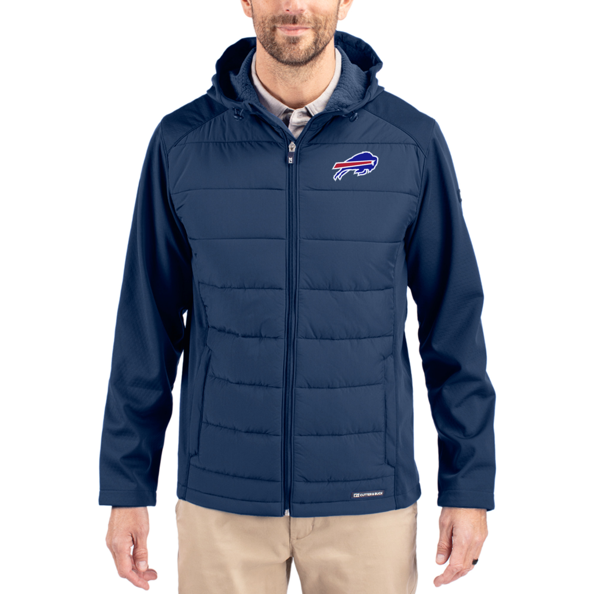 Men's Cutter & Buck Navy Buffalo Bills  Evoke PrimaLoft Hybrid Eco Softshell Recycled Full-Zip Hooded Jacket