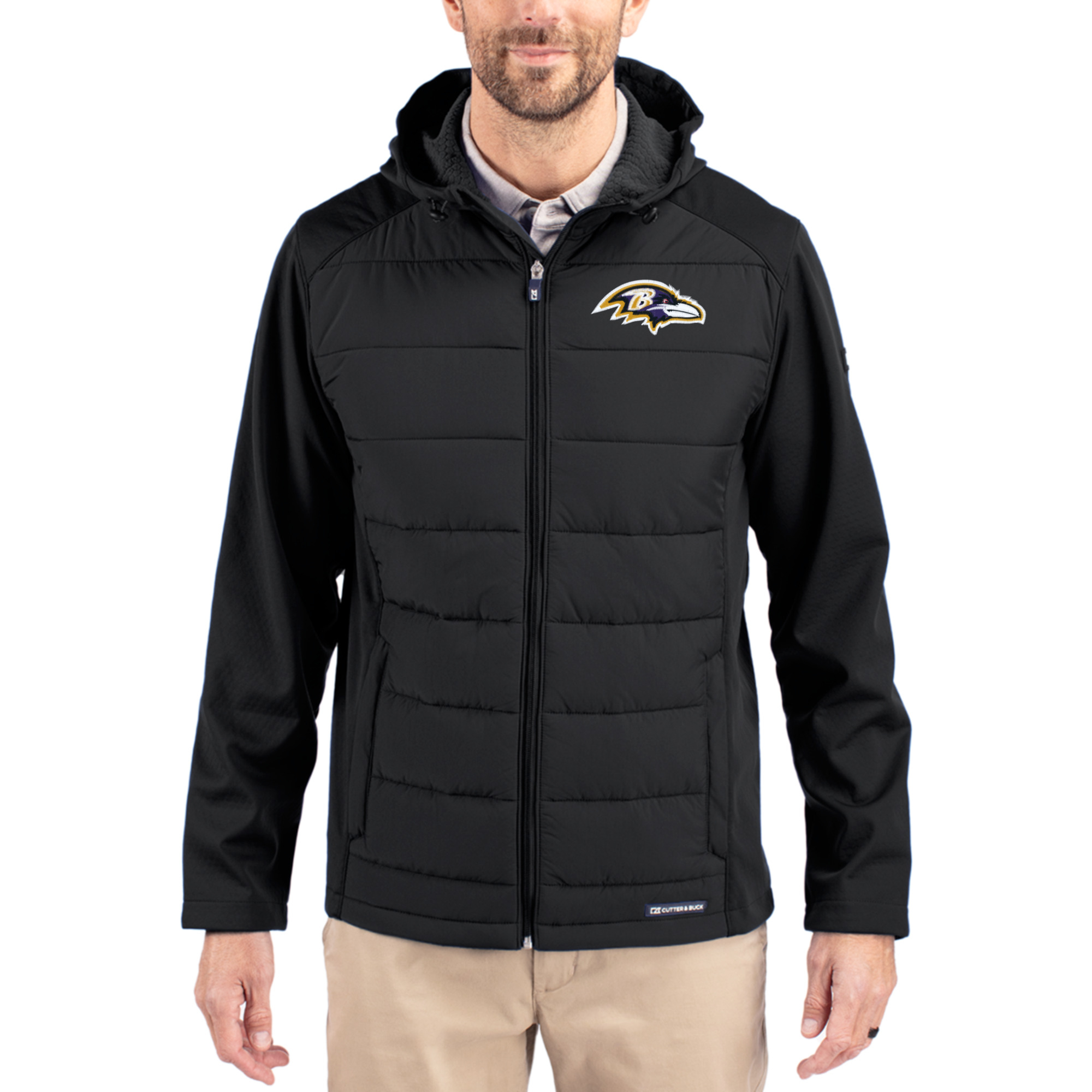 Men's Cutter & Buck Black Baltimore Ravens Evoke PrimaLoft Hybrid Eco Softshell Recycled Full-Zip Hooded Jacket