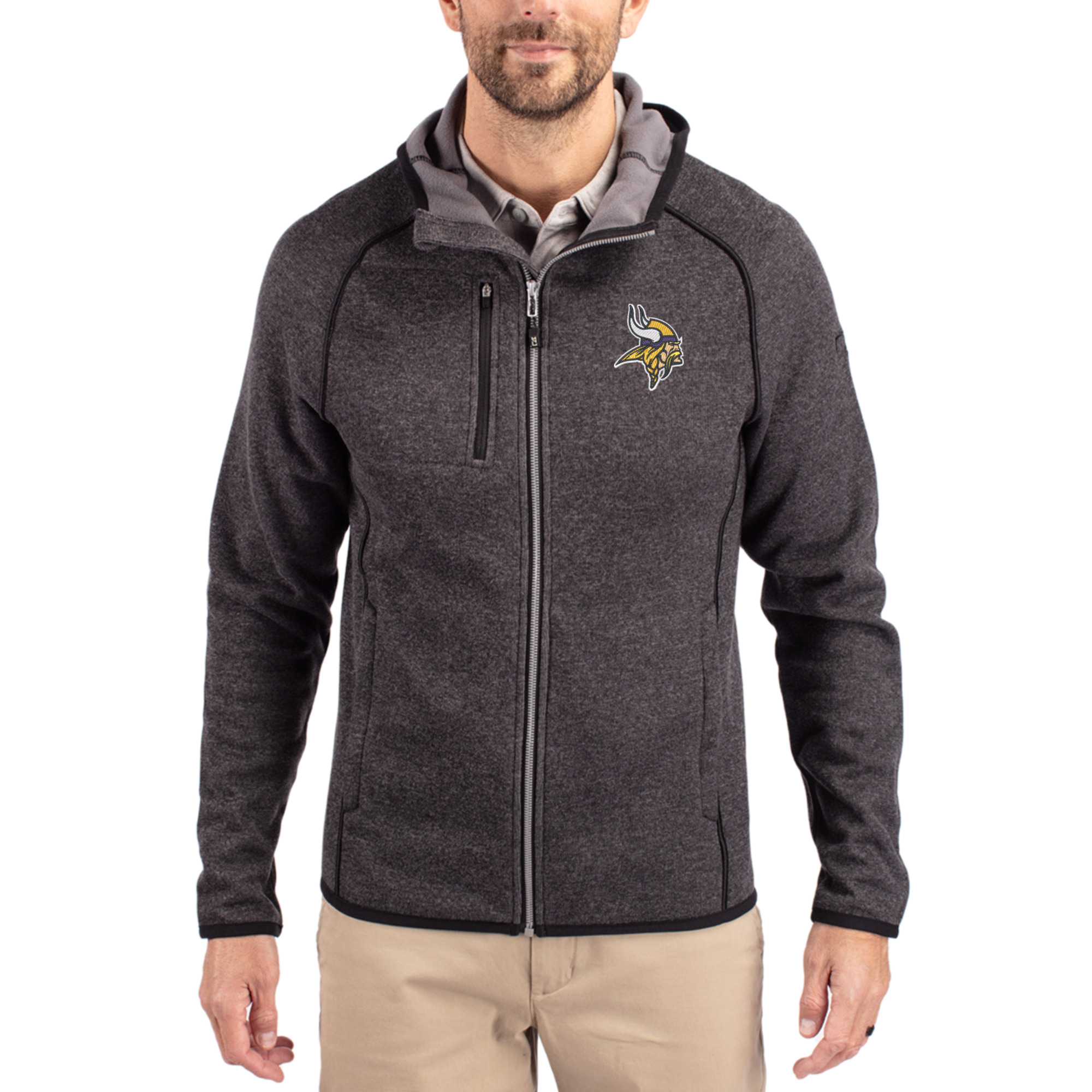 Men's Cutter & Buck Heather Charcoal Minnesota Vikings  Mainsail Full-Zip Hooded Jacket
