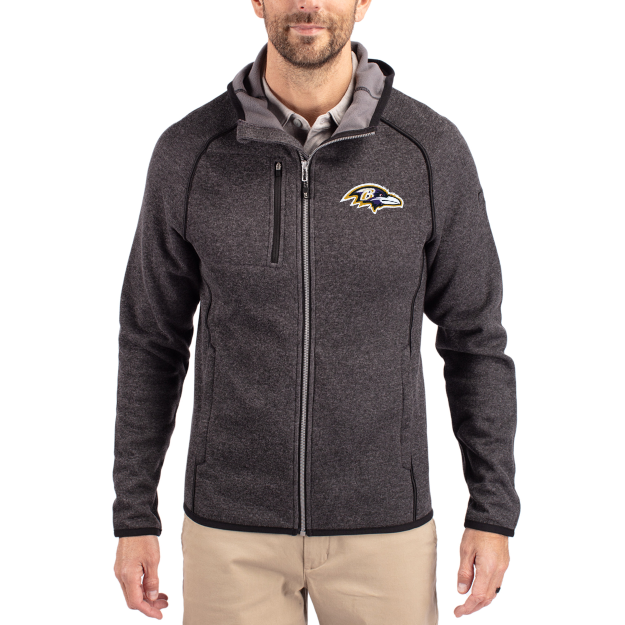 Men's Cutter & Buck Heather Charcoal Baltimore Ravens Mainsail Full-Zip Hooded Jacket