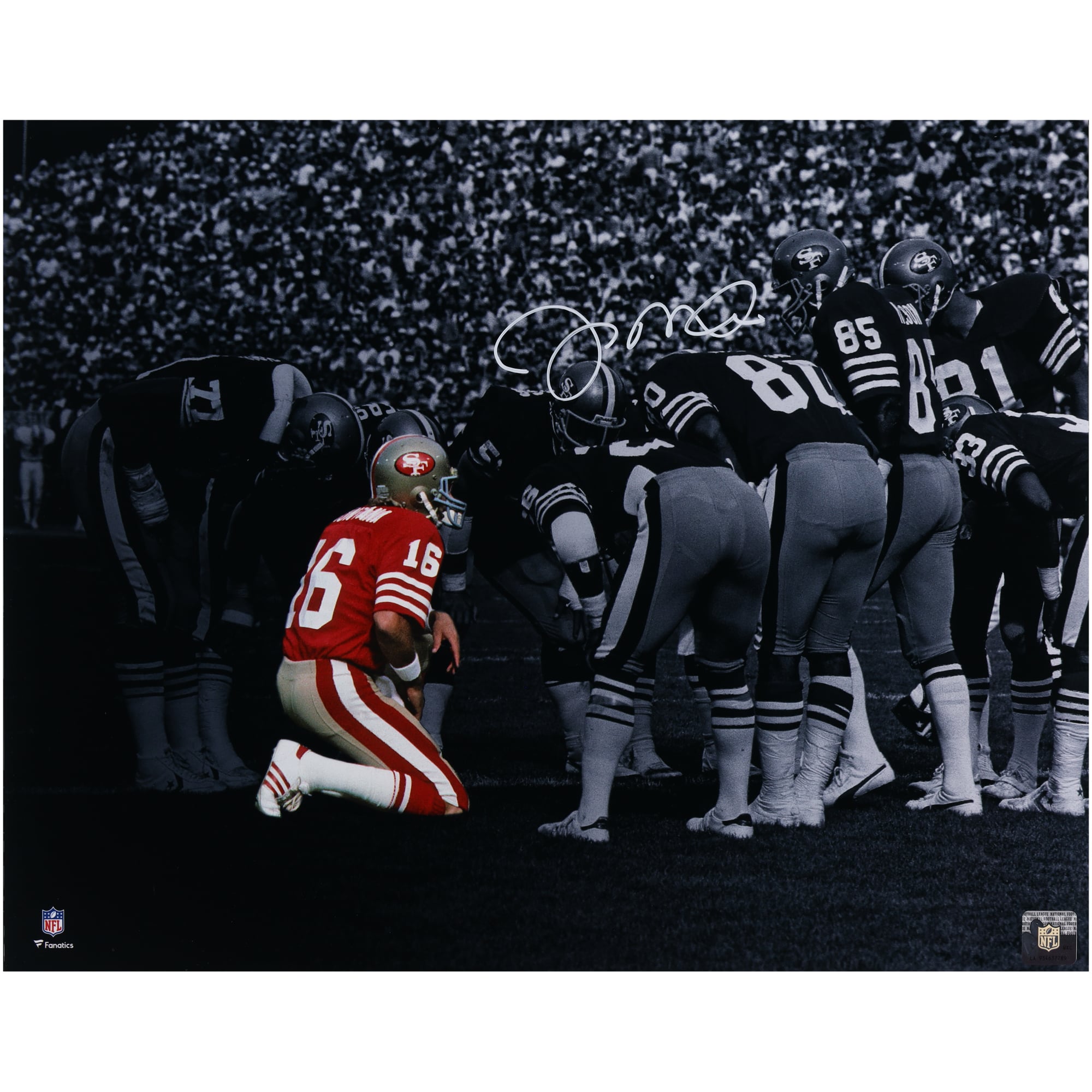 Joe Montana San Francisco 49ers Autographed 16" x 20" Huddle Spotlight Photograph - Signed in White