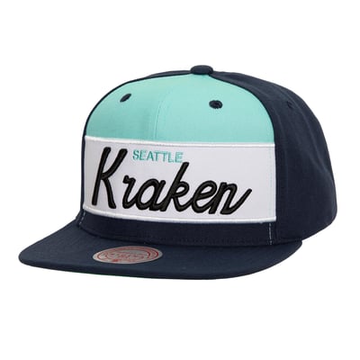 Men's Mitchell & Ness Deep Sea Blue Seattle Kraken Retro Script Colorblock Snapback Hat