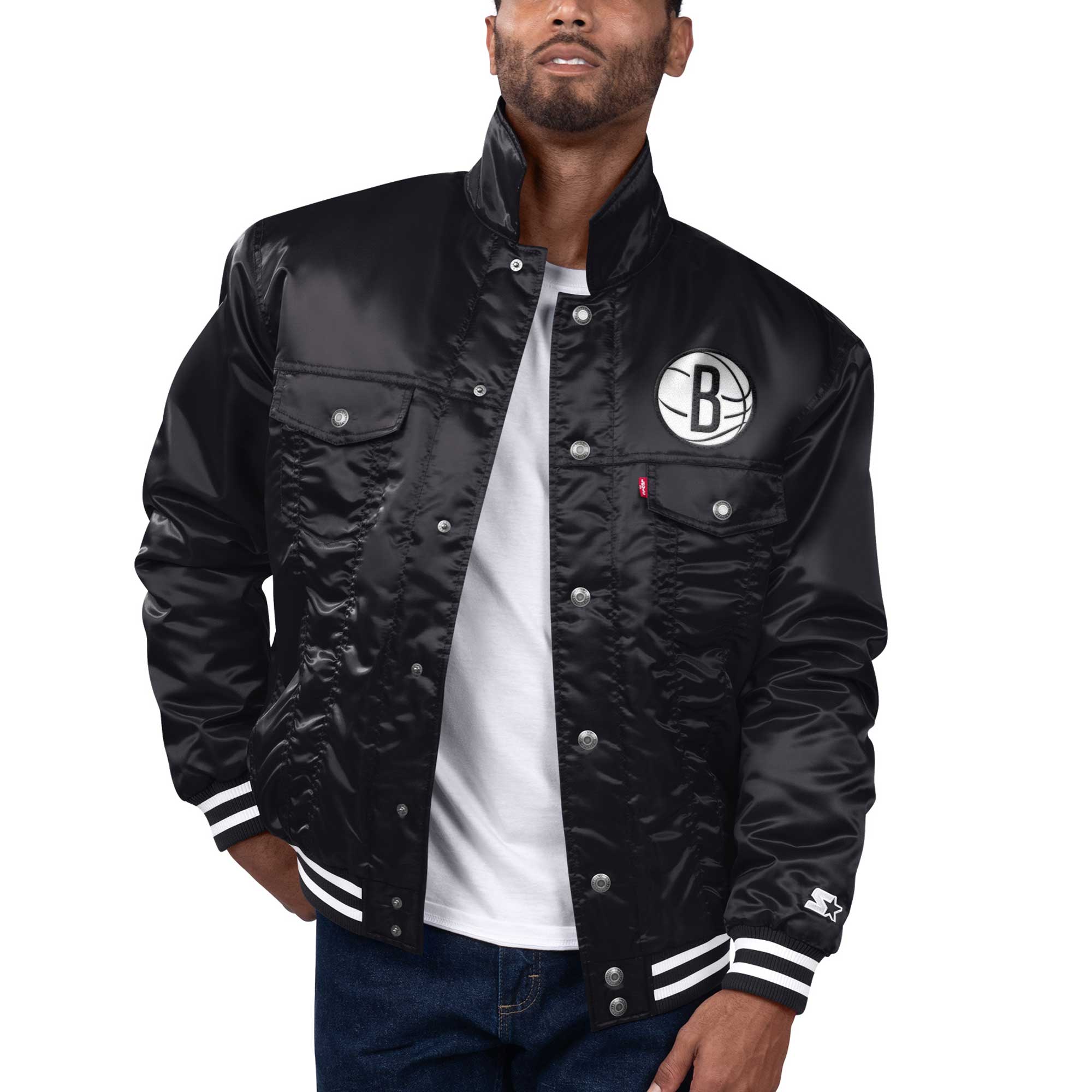 Men’s Starter x Levi’s Black Brooklyn Nets Silver Label Trucker Satin Full-Snap Jacket Men’s Starter x Levi’s Black Brooklyn Nets Silver Label Trucker Satin Full-Snap Jacket