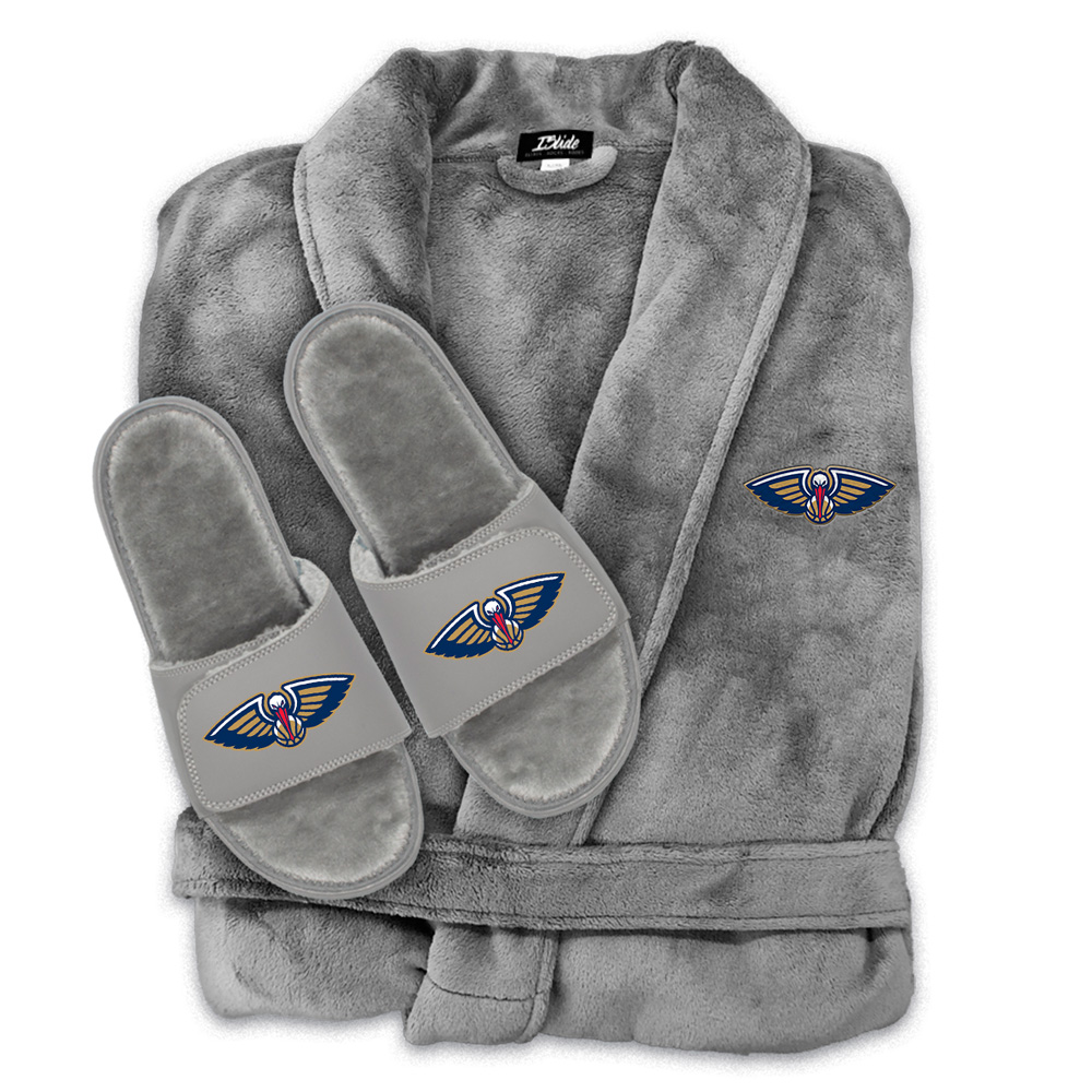 Unisex ISlide Gray New Orleans Pelicans Faux Fur Slide Sandals & Robe Bundle