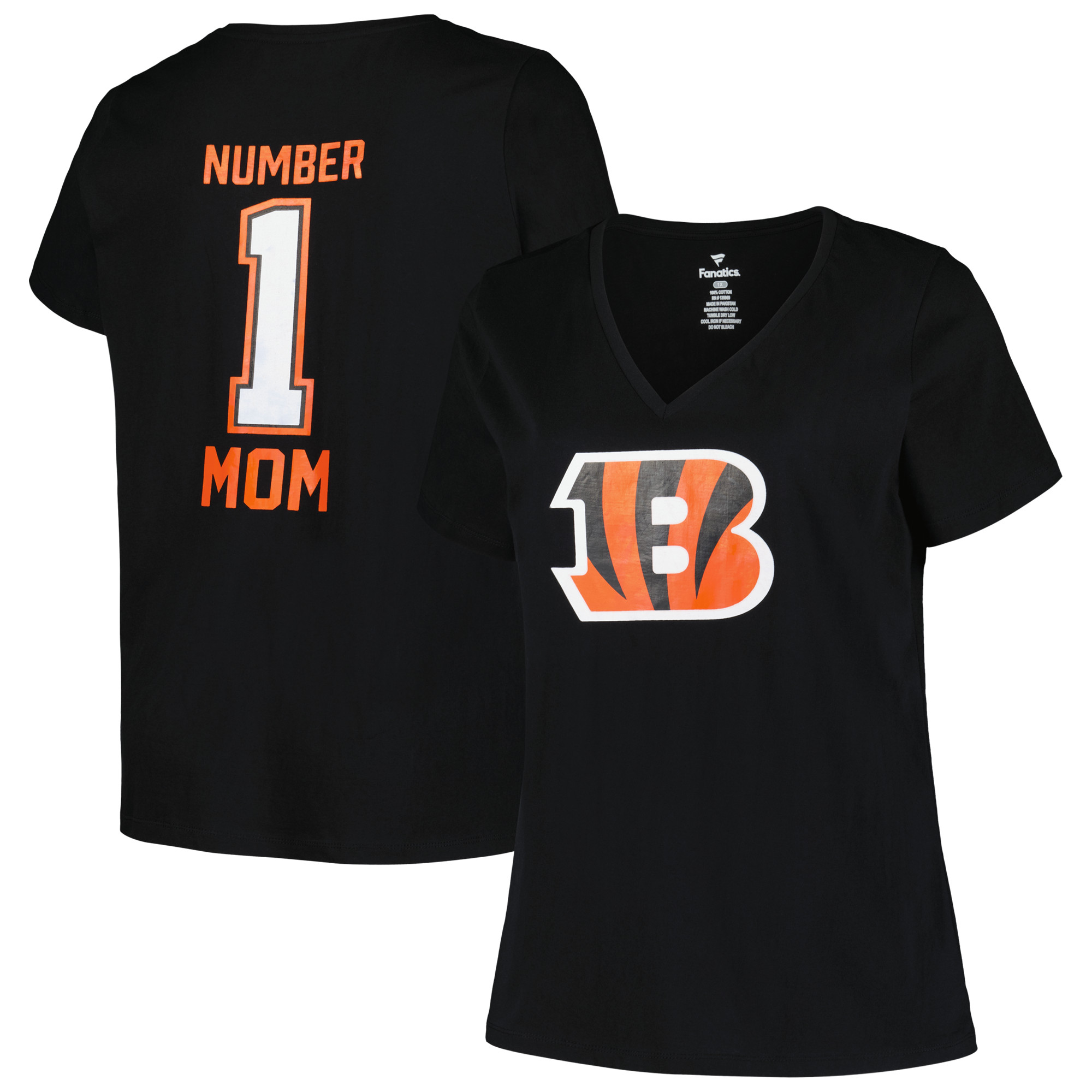 Women's Fanatics Black Cincinnati Bengals Plus Size Mother's Day #1 Mom V-Neck T-Shirt