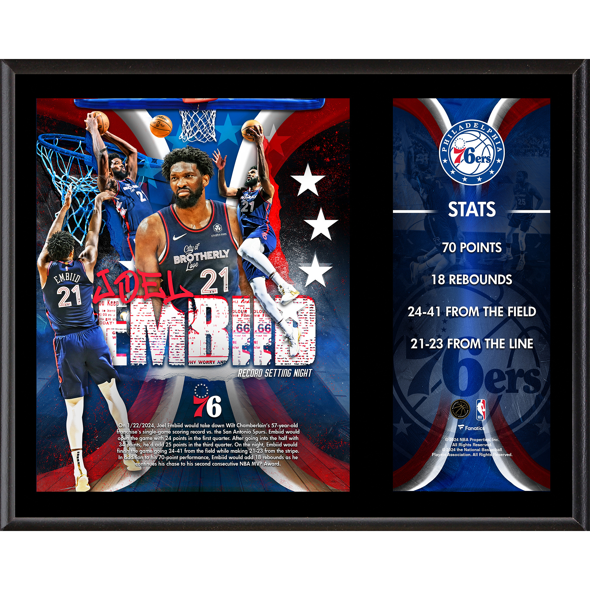 Joel Embiid Philadelphia 76ers 12" x 15" Franchise Record Breaking 70 Points Sublimated Plaque