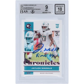 Jaylen Waddle Miami Dolphins Autographed 2021 Panini Chronicles Pink #76 Beckett Fanatics Witnessed Authenticated 9/10 Rookie Card with "Fins Up" Inscription