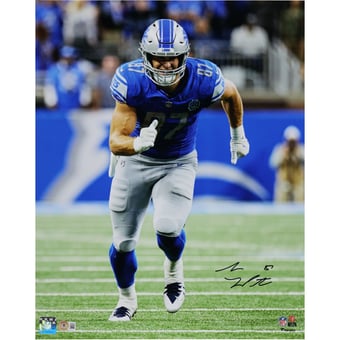 Sam LaPorta Detroit Lions Autographed 16" x 20" Running Route in Blue Jersey Photograph