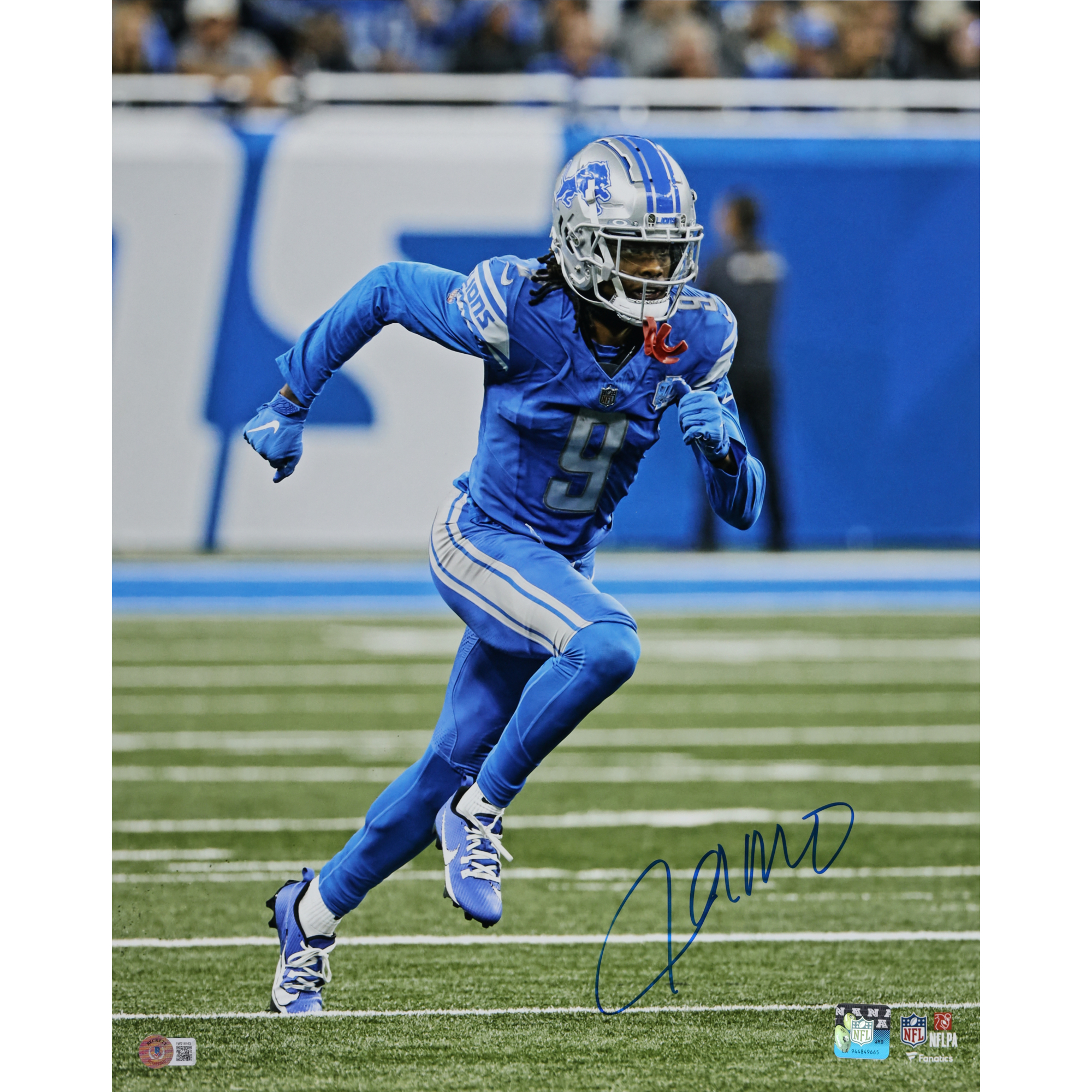 Jameson Williams Detroit Lions Autographed 16" x 20" Running Route in Blue Jersey Photograph