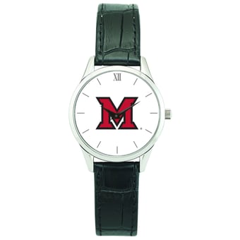 Women's Silver Miami University RedHawks Stainless Steel Watch with Leather Band
