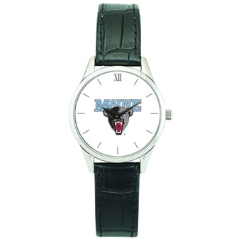 Women's Silver Maine Black Bears Stainless Steel Watch with Leather Band