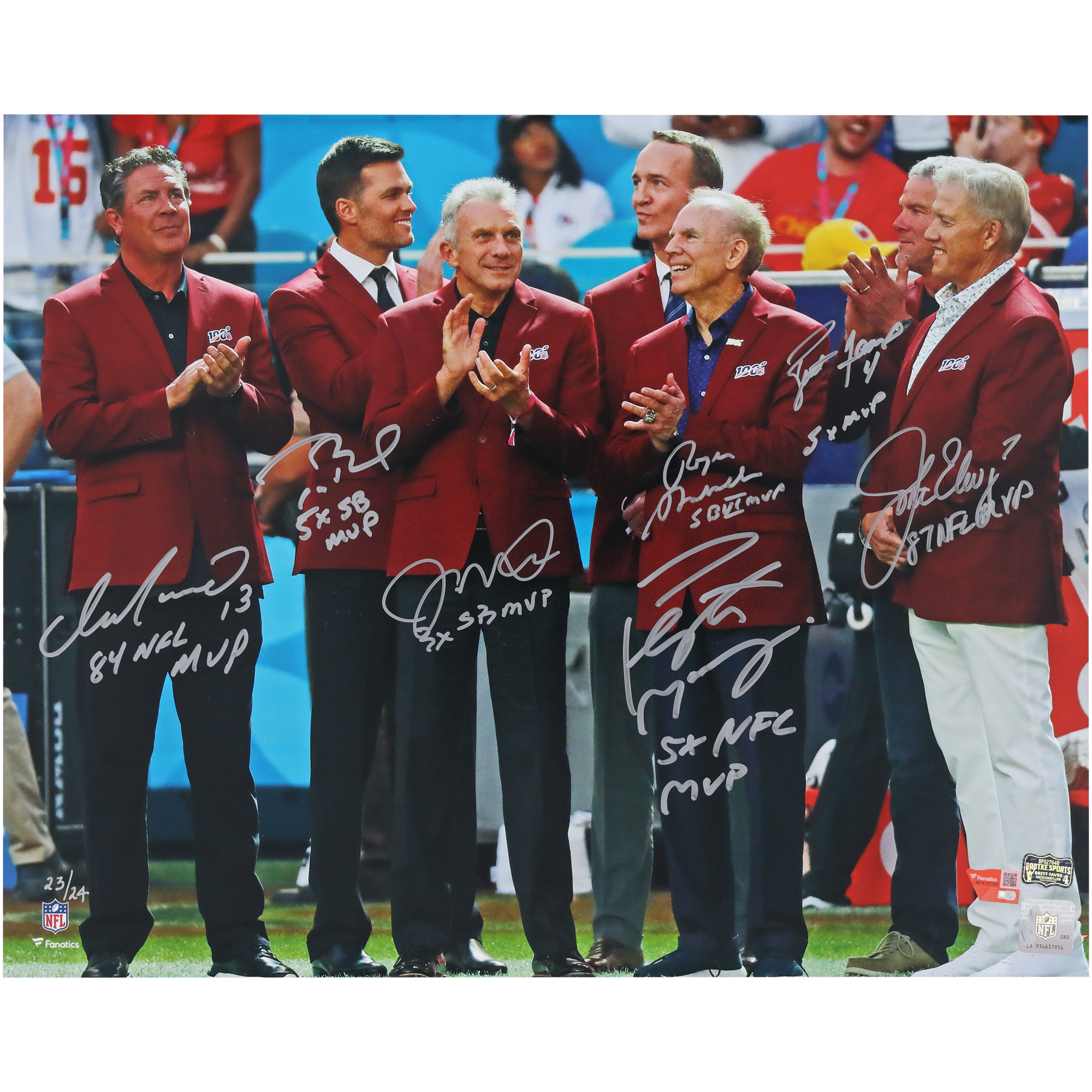 NFL Top 100 Quarterbacks Autographed 16" x 20" Red Jacket Ceremony Photograph with 7 Signatures & Multiple Inscriptions - Limited Edition of 24
