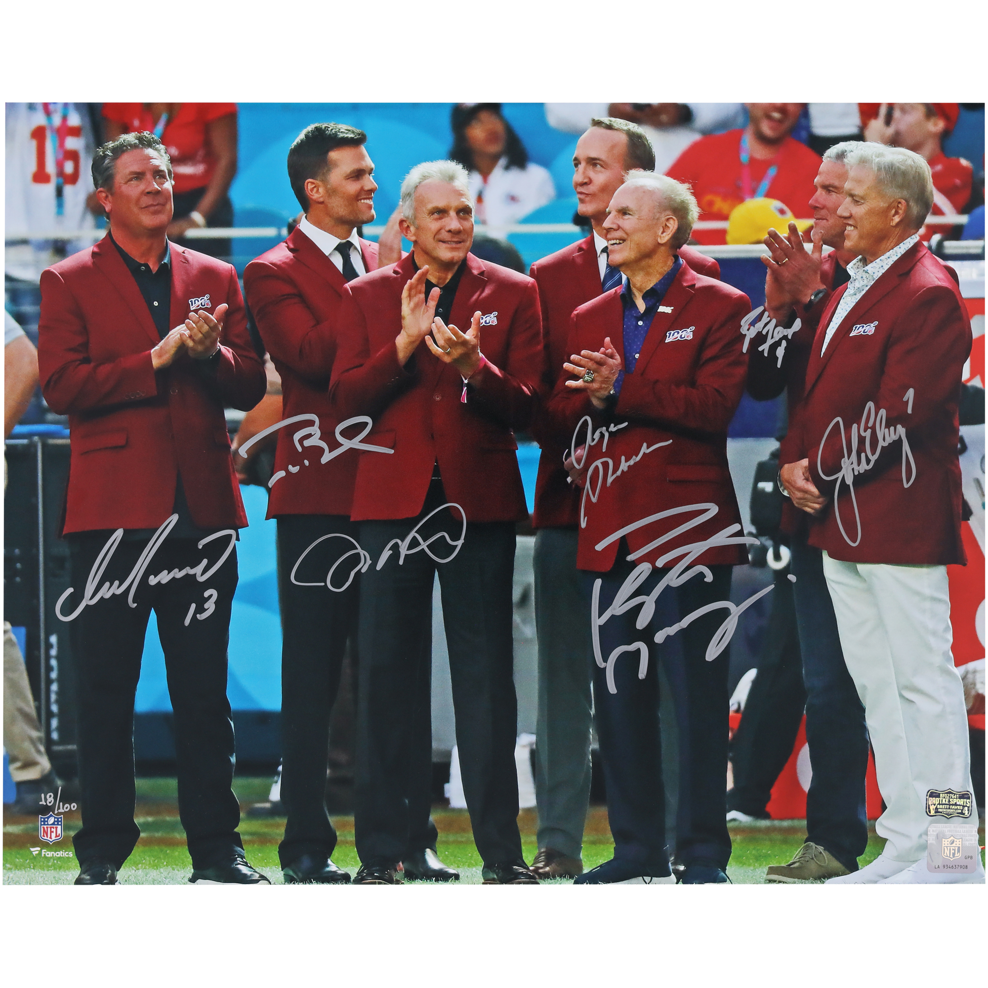 NFL Top 100 Quarterbacks Autographed 16" x 20" Red Jacket Ceremony Photograph with 7 Signatures - Limited Edition #18/100