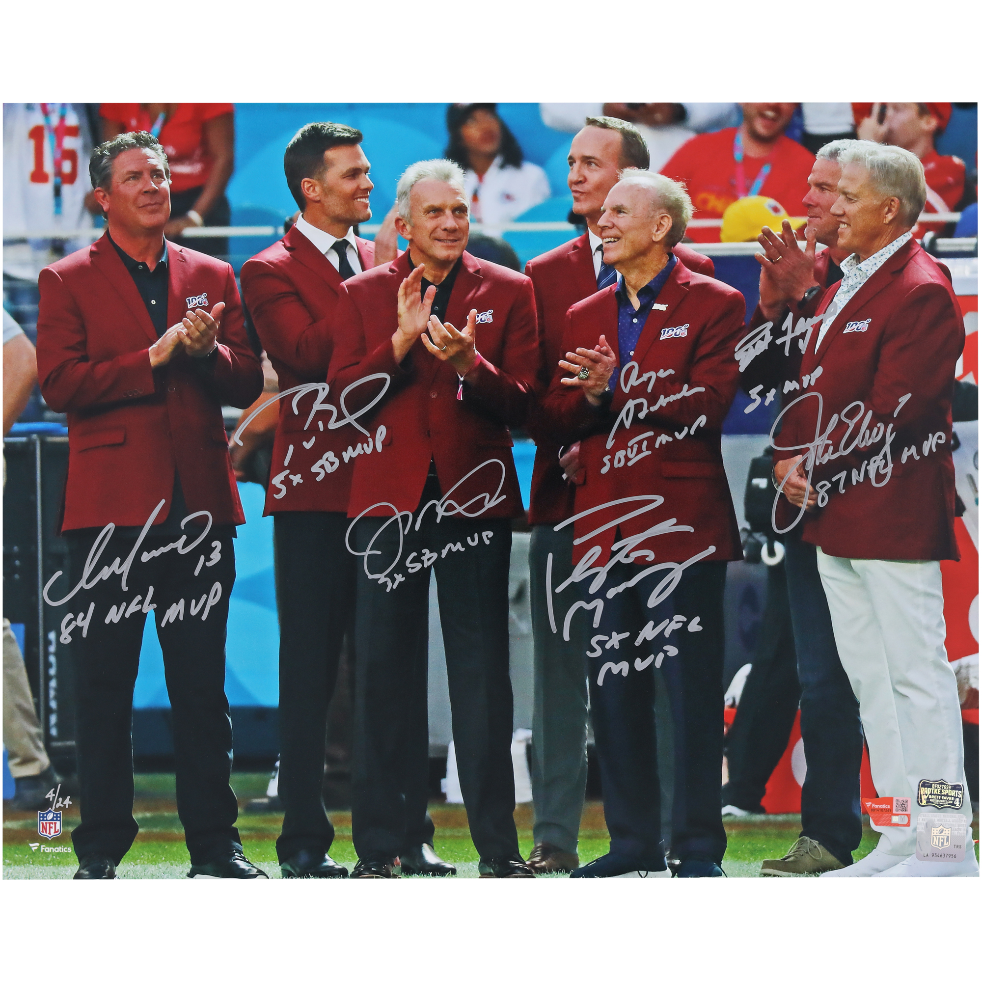 NFL Top 100 Quarterbacks Autographed 16" x 20" Red Jacket Ceremony Photograph with 7 Signatures & Multiple Inscriptions - Limited Edition #4/24
