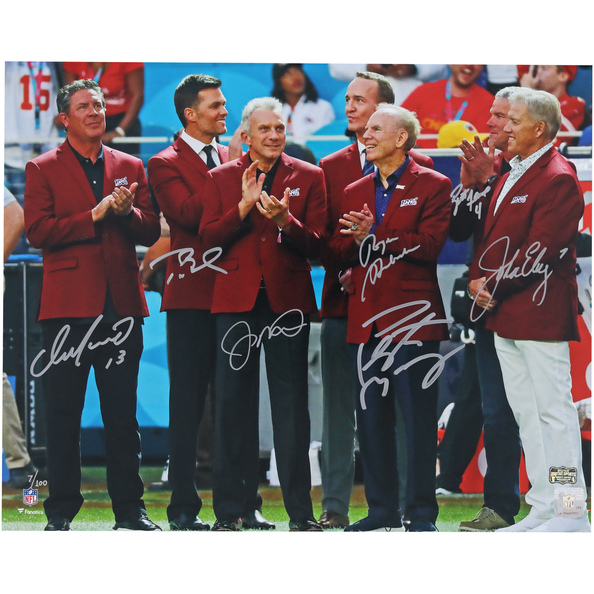 NFL Top 100 Quarterbacks Autographed 16" x 20" Red Jacket Ceremony Photograph with 7 Signatures - Limited Edition #7/100
