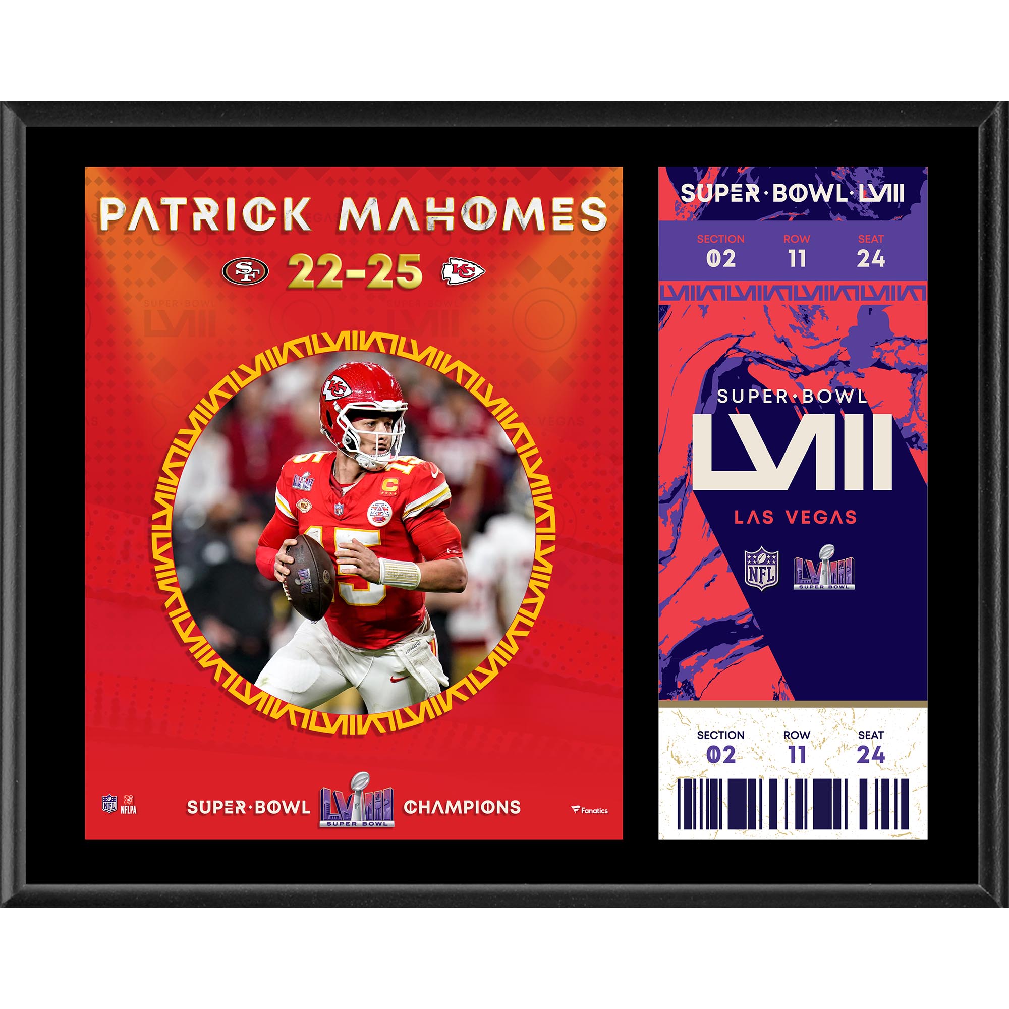 Patrick Mahomes Kansas City Chiefs Super Bowl LVIII Champions 12'' x 15'' Sublimated Plaque with Replica Ticket