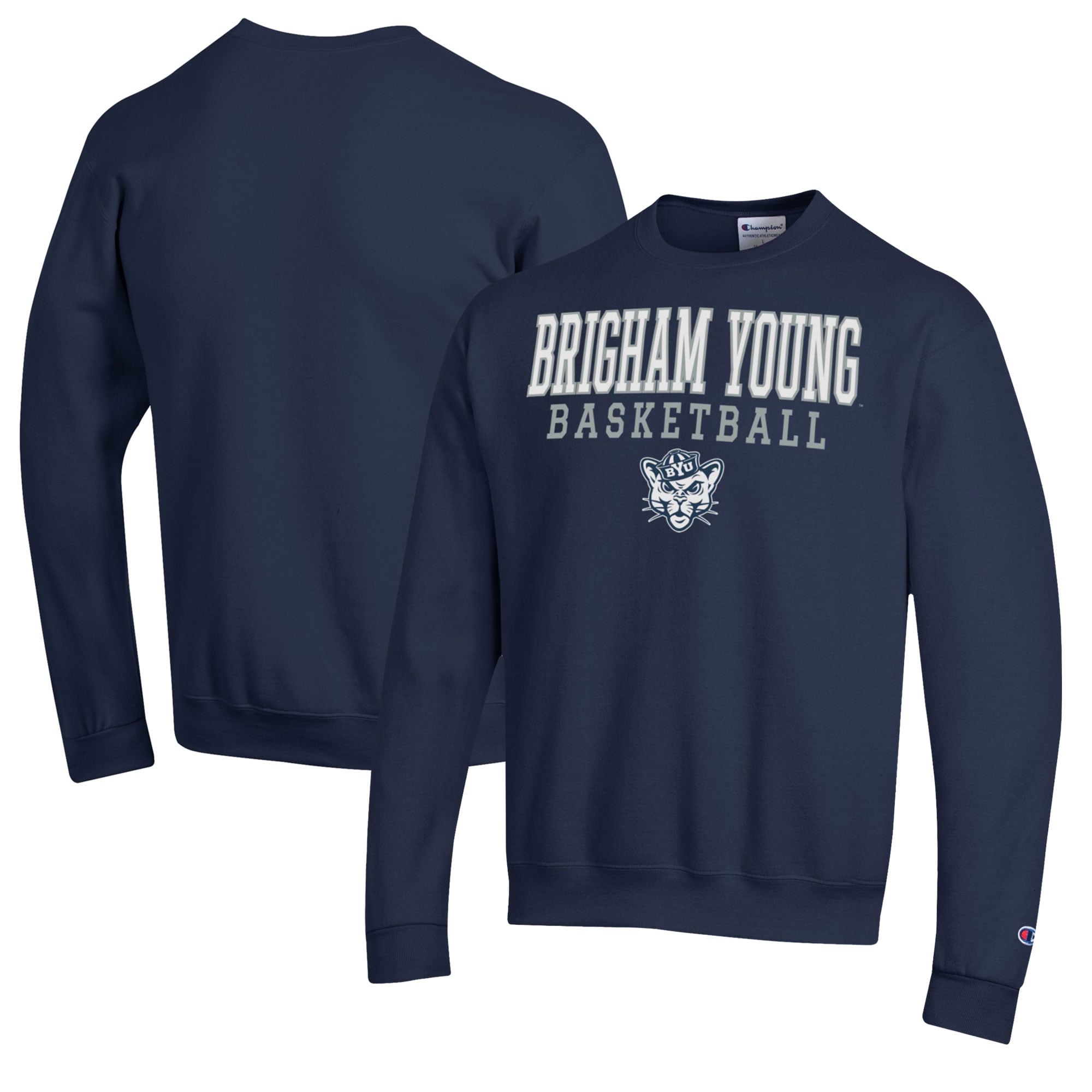 Men's Champion Navy BYU Cougars Basketball Stack Pullover Crewneck Sweatshirt