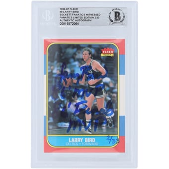 Larry Bird Boston Celtics Autographed 1986-87 Fleer #9 #/33 Beckett Fanatics Witnessed Authenticated Card with Multiple Inscriptions
