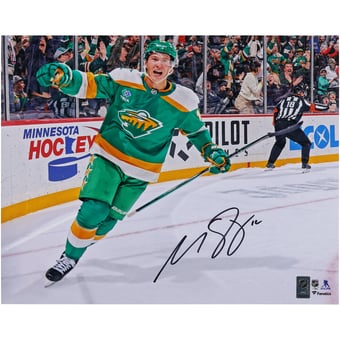 Matthew Boldy Minnesota Wild Autographed 16" x 20" Green Alternate Jersey Celebration Photograph