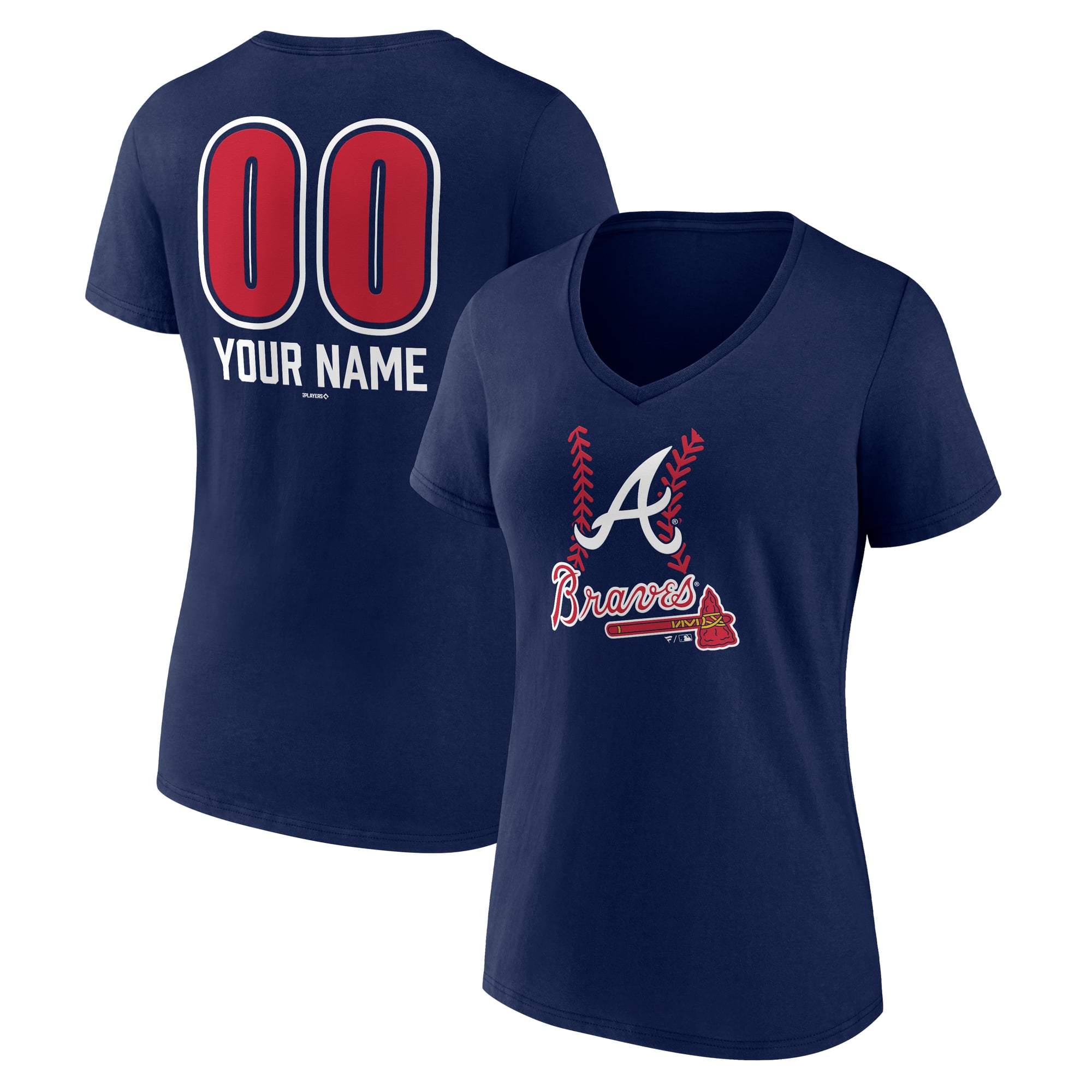 Women's Navy Atlanta Braves Personalized Name & Number Fastball V-Neck T-Shirt