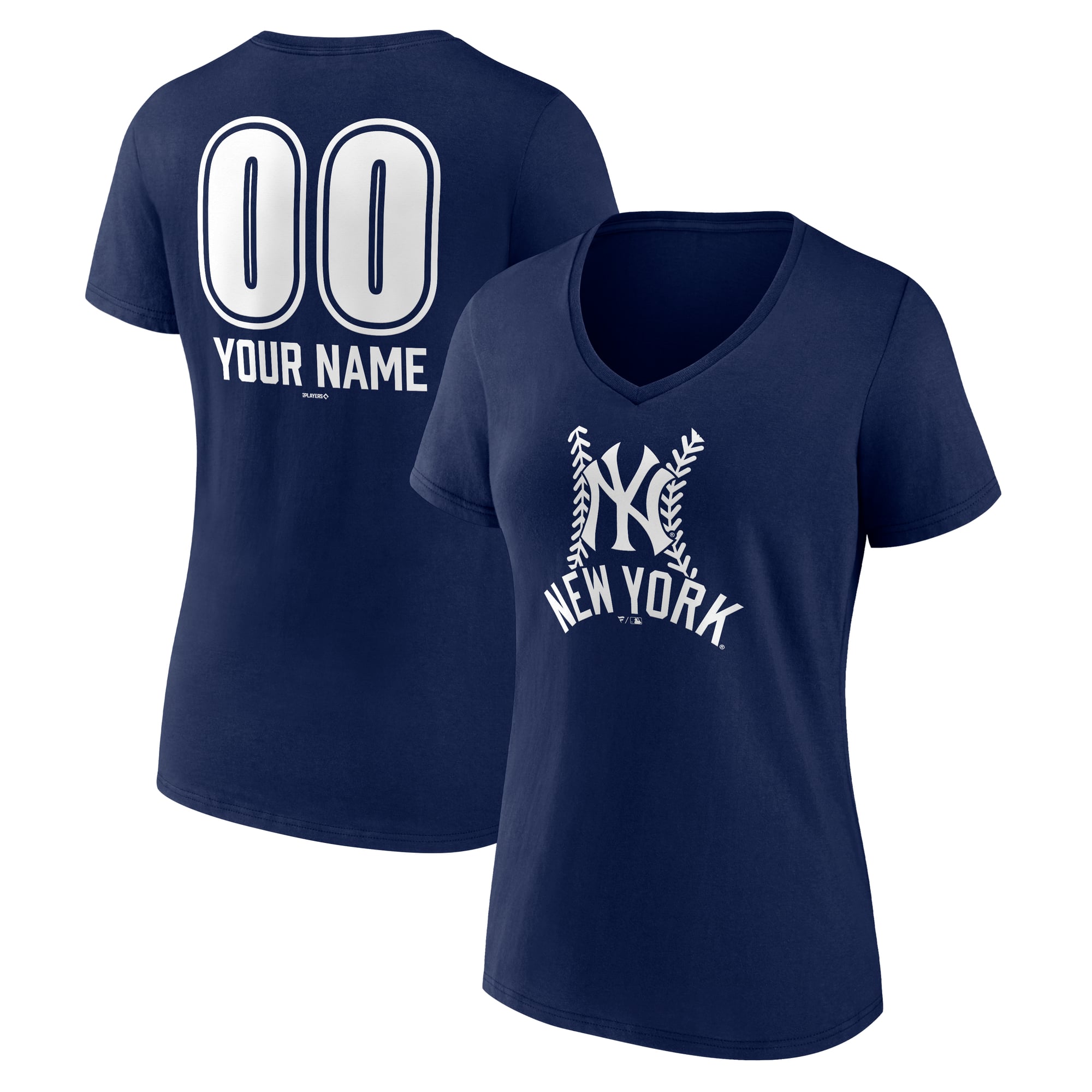 Women's Navy New York Yankees Personalized Name & Number Fastball V-Neck T-Shirt