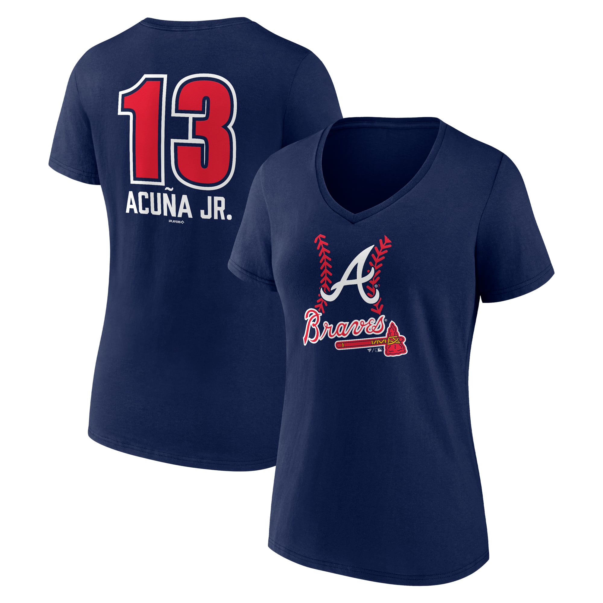 Women's Ronald Acuña Jr. Navy Atlanta Braves Fastball Player Name & Number V-Neck T-Shirt