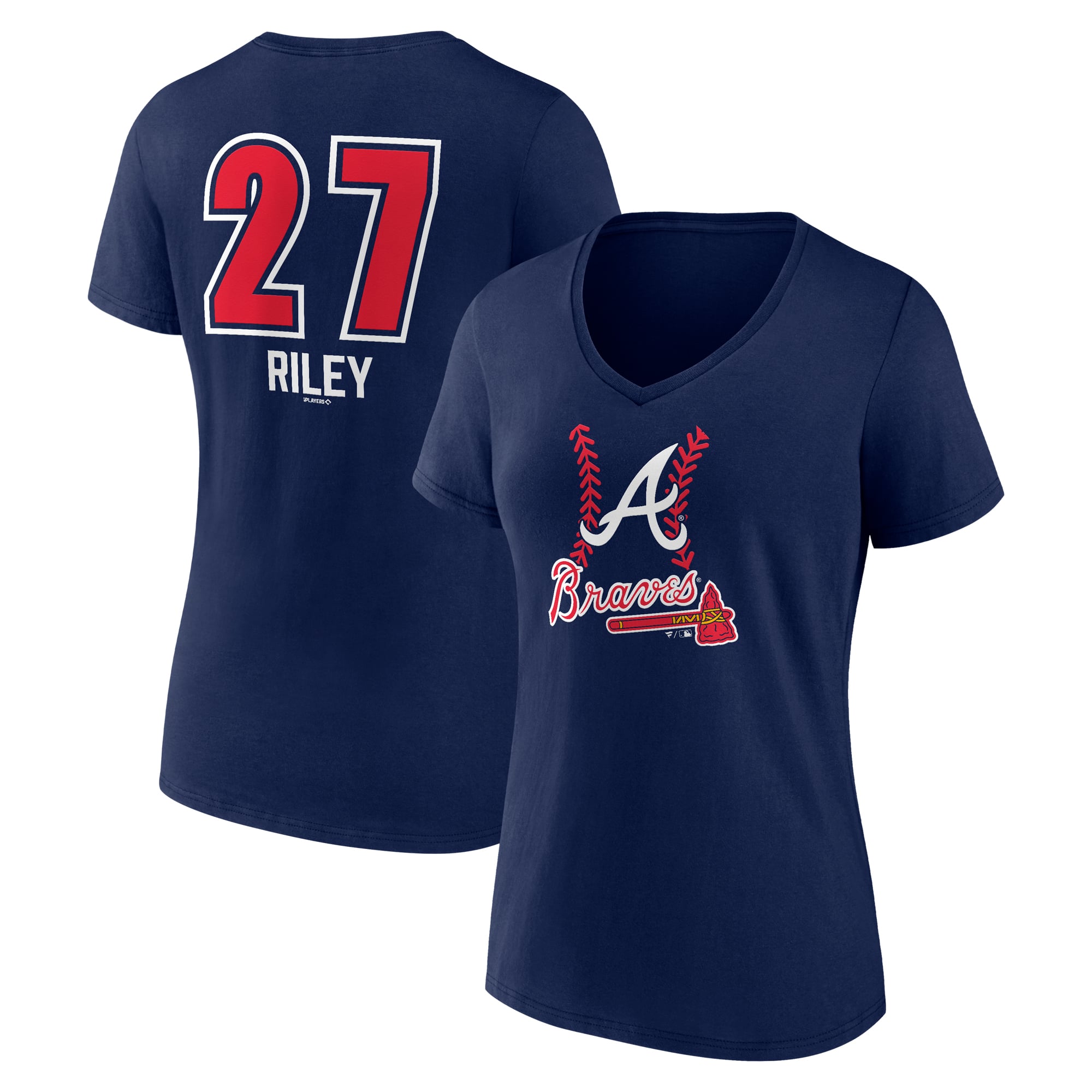 Women's Austin Riley Navy Atlanta Braves Fastball Player Name & Number V-Neck T-Shirt